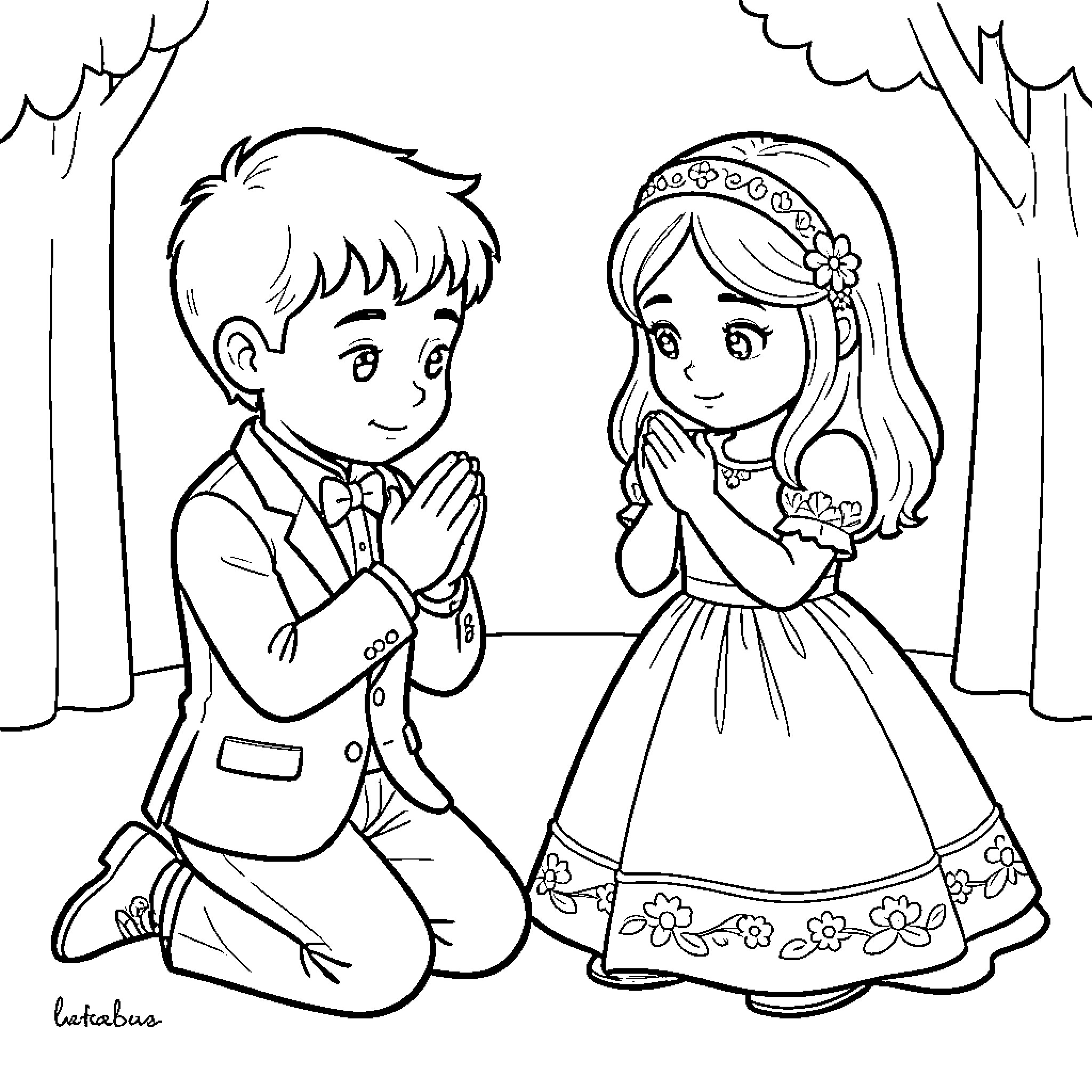 Niño and Niña in formal attire Coloring Page (free black-and-white line drawing printable PDF for all, from beginners to advanced learners, including children, teens, adults, and seniors)