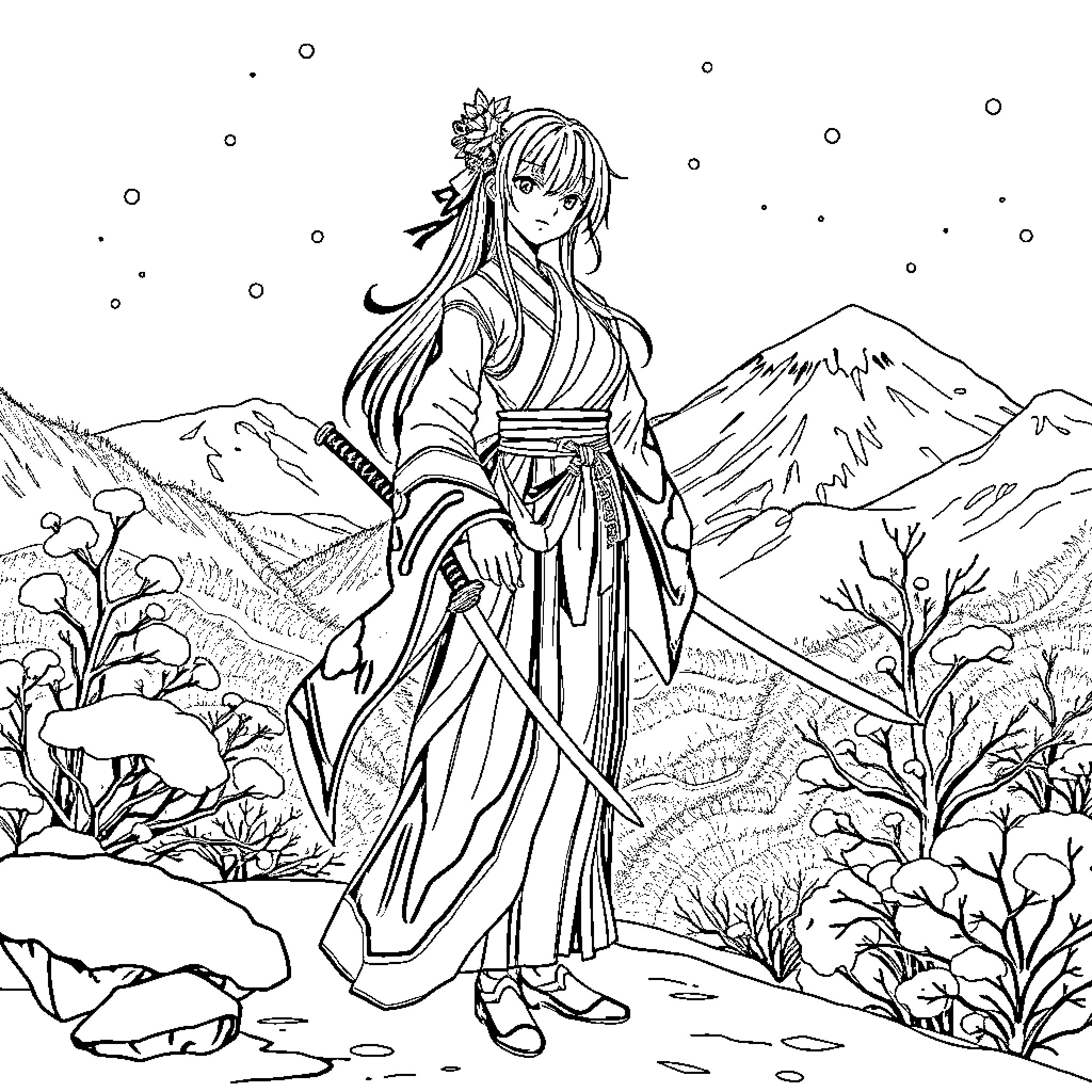 Ayaka's Enchanting Journey through the Mountainous Landscape Coloring Page (free black-and-white line drawing printable PDF for all, from beginners to advanced learners, including children, teens, adults, and seniors)