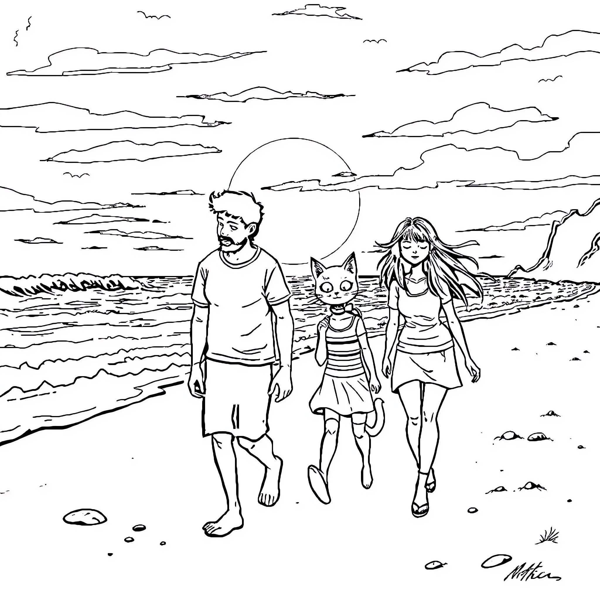Kitty walking on the beach with friends Coloring Page (free black-and-white line drawing printable PDF for all, from beginners to advanced learners, including children, teens, adults, and seniors)