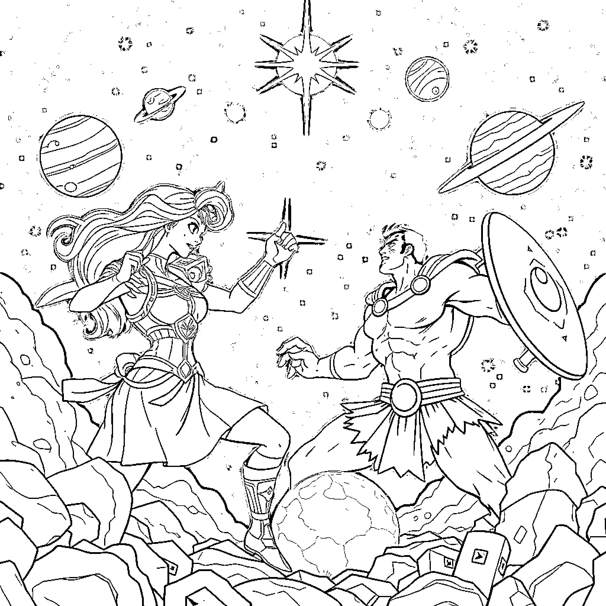 Luisa's Cosmic Adventure with a Warrior Companion Coloring Page (free black-and-white line drawing printable PDF for all, from beginners to advanced learners, including children, teens, adults, and seniors)