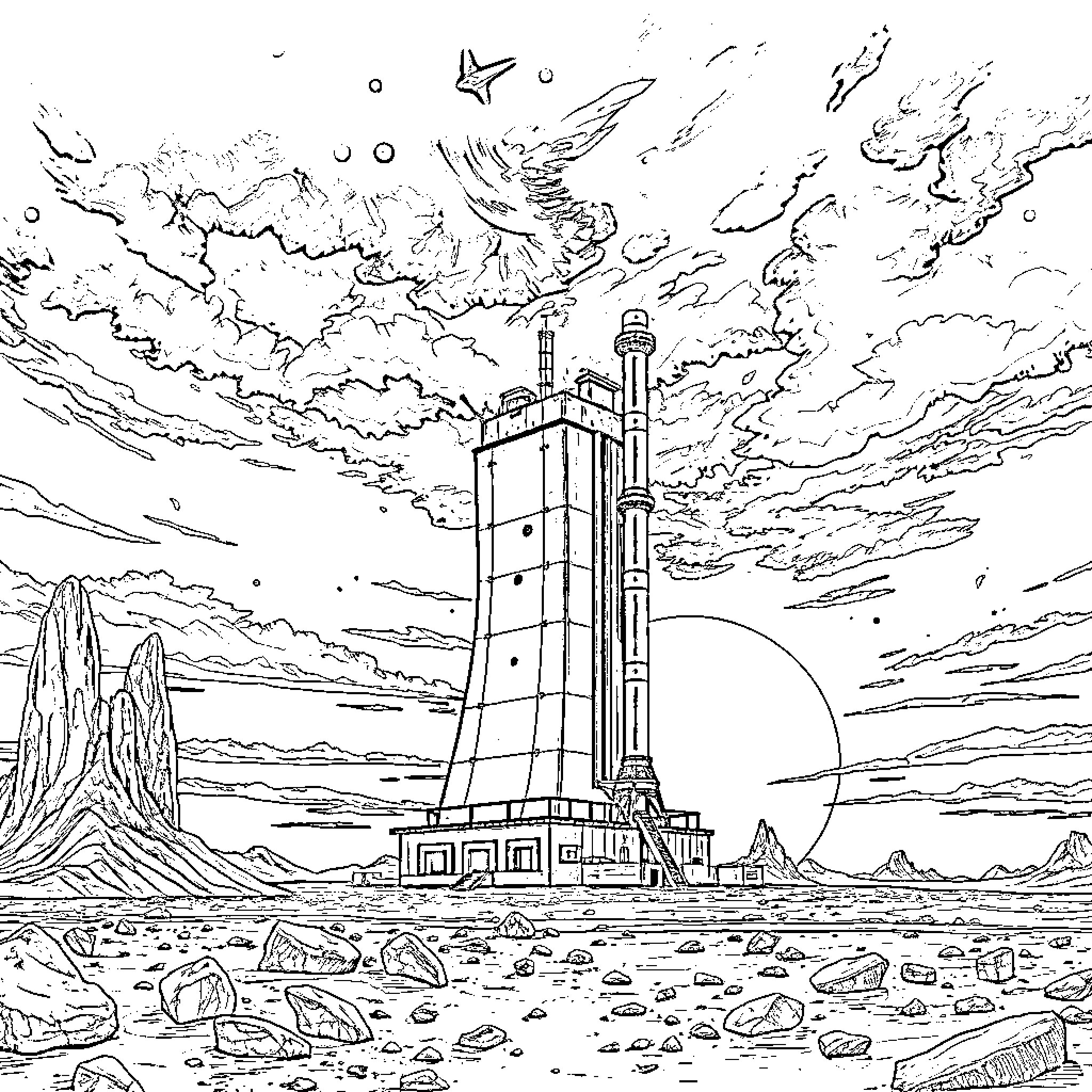 Power Plant in Otherworldly Landscape Coloring Page (free black-and-white line drawing printable PDF for all, from beginners to advanced learners, including children, teens, adults, and seniors)