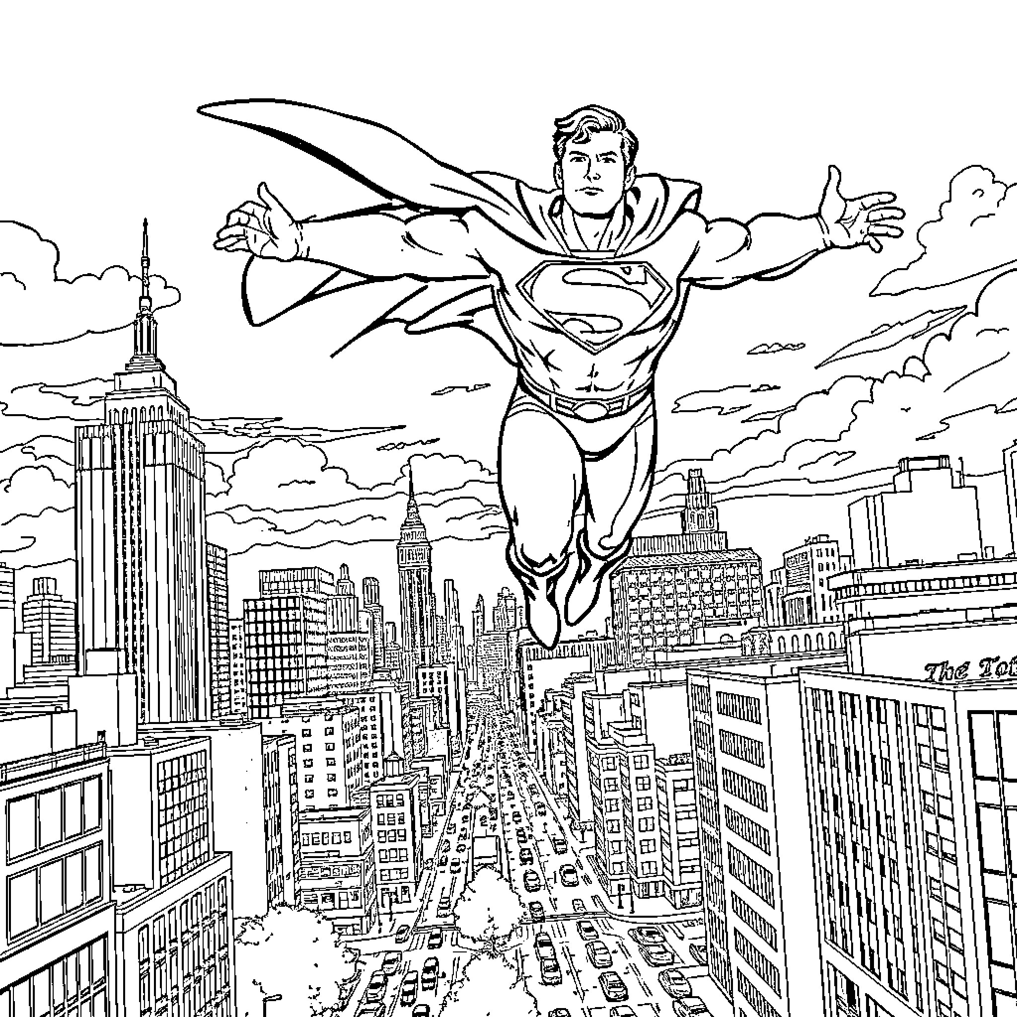 Superman soaring over the city skyline Coloring Page (free black-and-white line drawing printable PDF for all, from beginners to advanced learners, including children, teens, adults, and seniors)