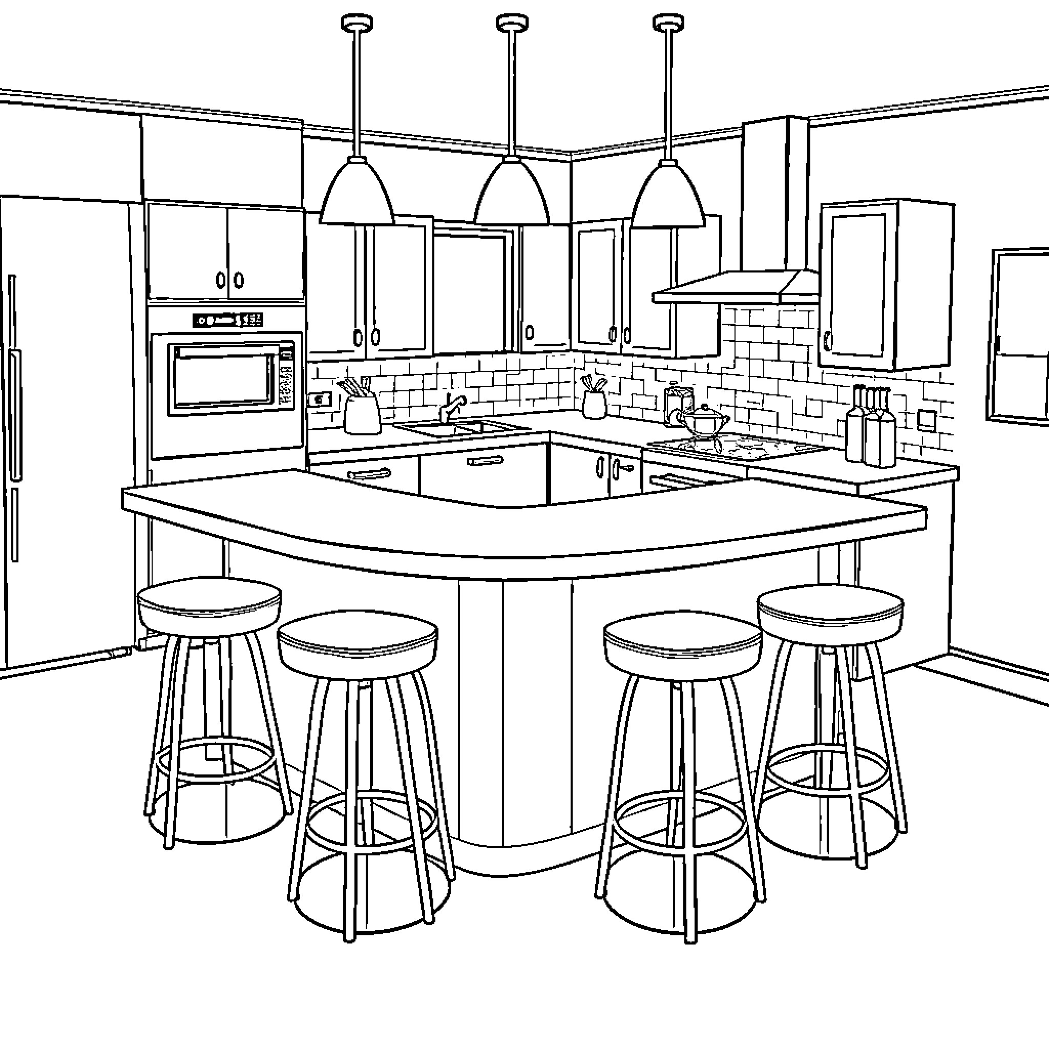 Table with Bar Stools in Modern Kitchen Coloring Page (free black-and-white line drawing printable PDF for all, from beginners to advanced learners, including children, teens, adults, and seniors)