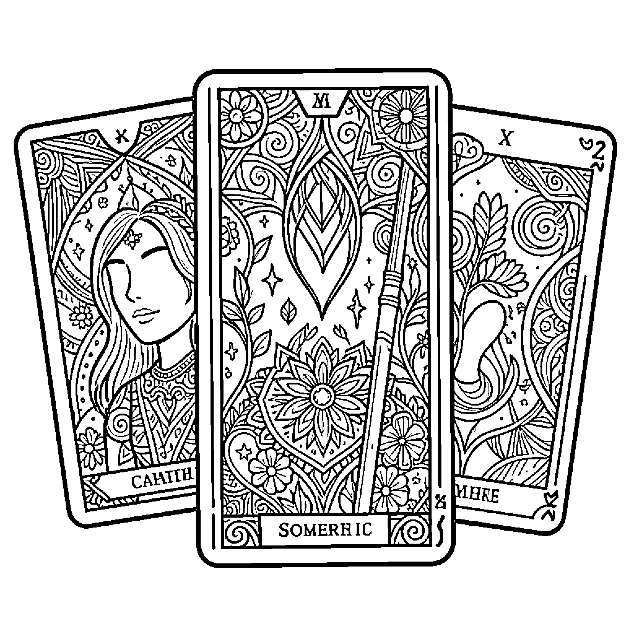 Tarot Card featuring mystical figures and floral patterns Coloring Page (free black-and-white line drawing printable PDF for all, from beginners to advanced learners, including children, teens, adults, and seniors)