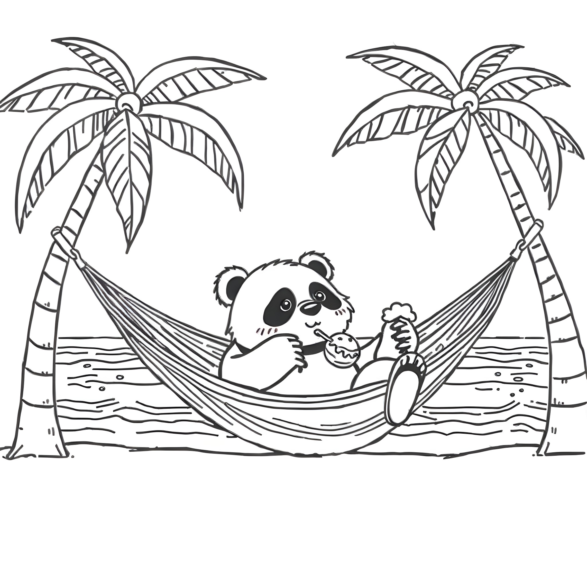 Panda relaxing in a hammock on a tropical beach Coloring Page (free black-and-white line drawing printable PDF for all, from beginners to advanced learners, including children, teens, adults, and seniors)