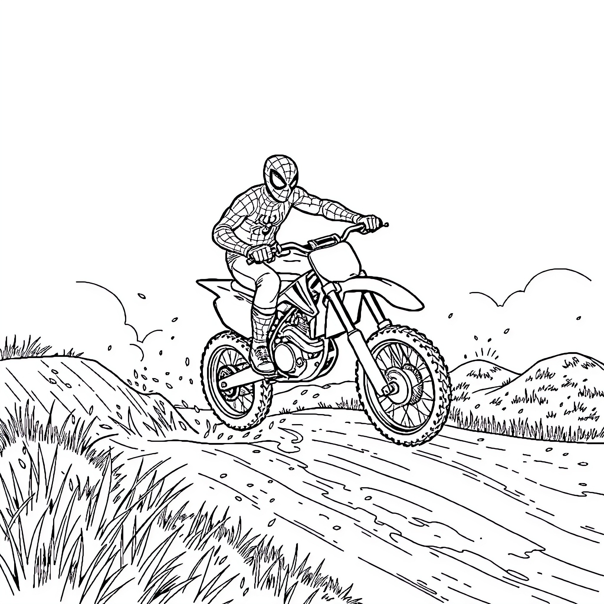 Spiderman riding a dirt bike on a rugged trail Coloring Page (free black-and-white line drawing printable PDF for all, from beginners to advanced learners, including children, teens, adults, and seniors)