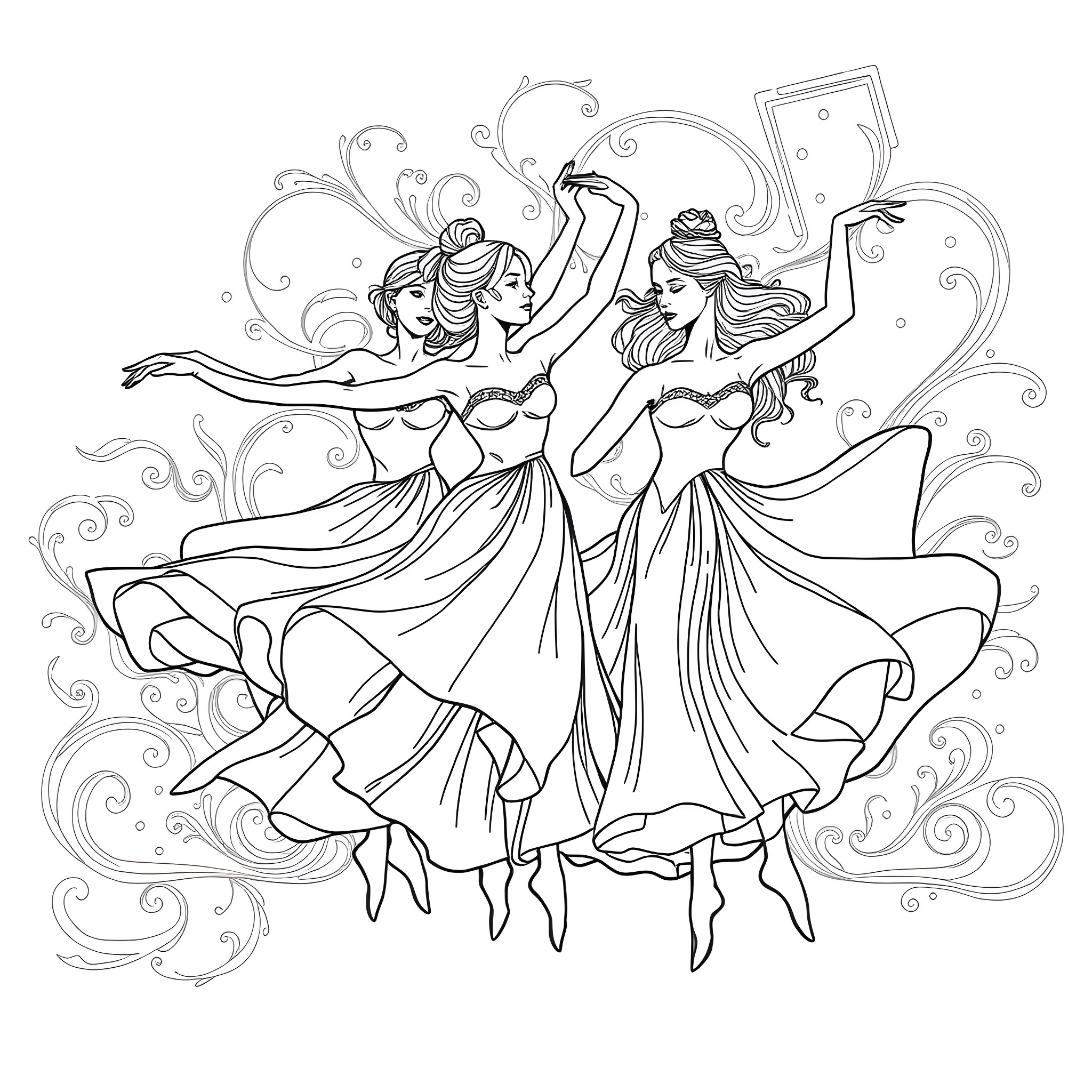 Women in elegant dresses dancing gracefully Coloring Page (free black-and-white line drawing printable PDF for all, from beginners to advanced learners, including children, teens, adults, and seniors)