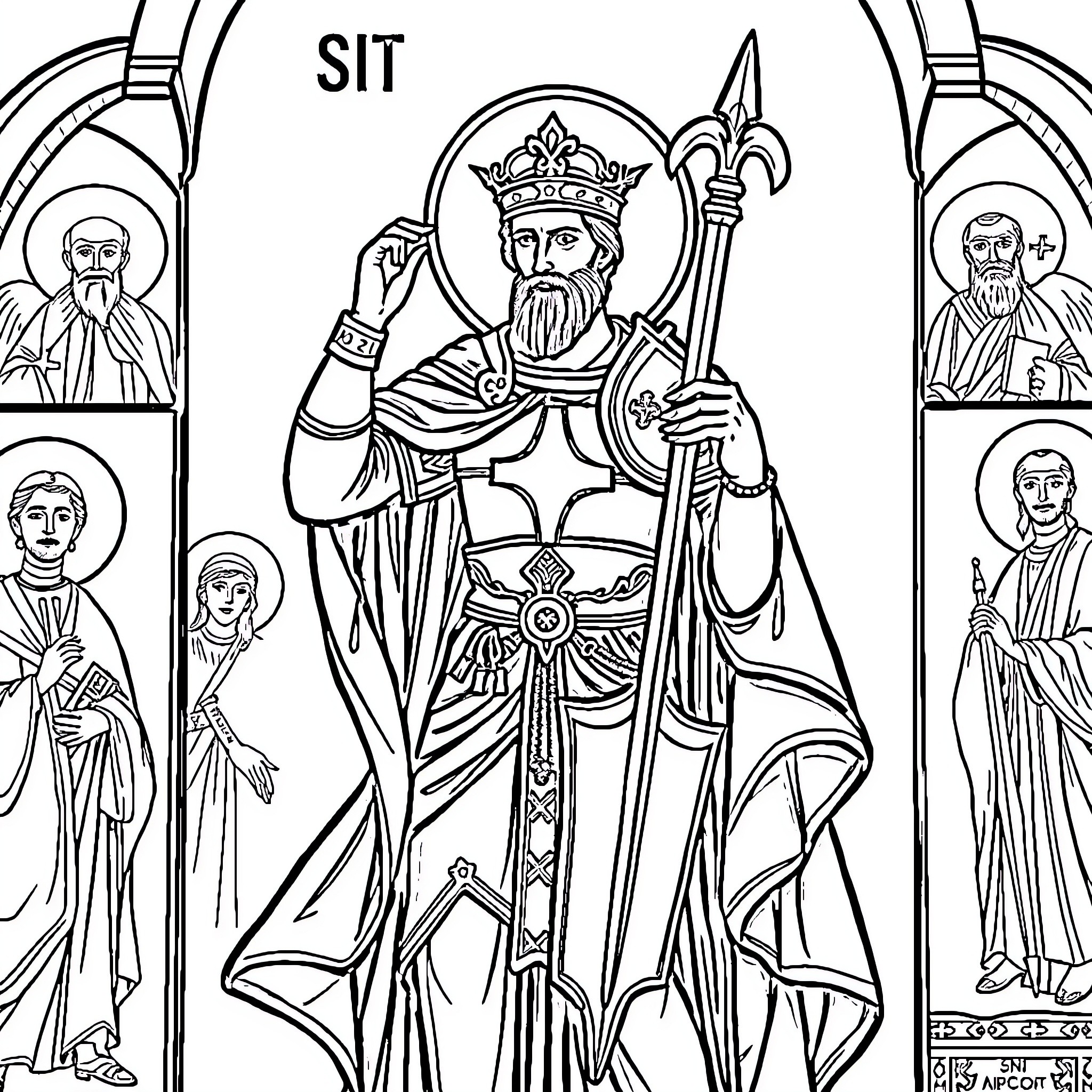 Saint George, the Crowned King Wielding a Spear Coloring Page (free black-and-white line drawing printable PDF for all, from beginners to advanced learners, including children, teens, adults, and seniors)