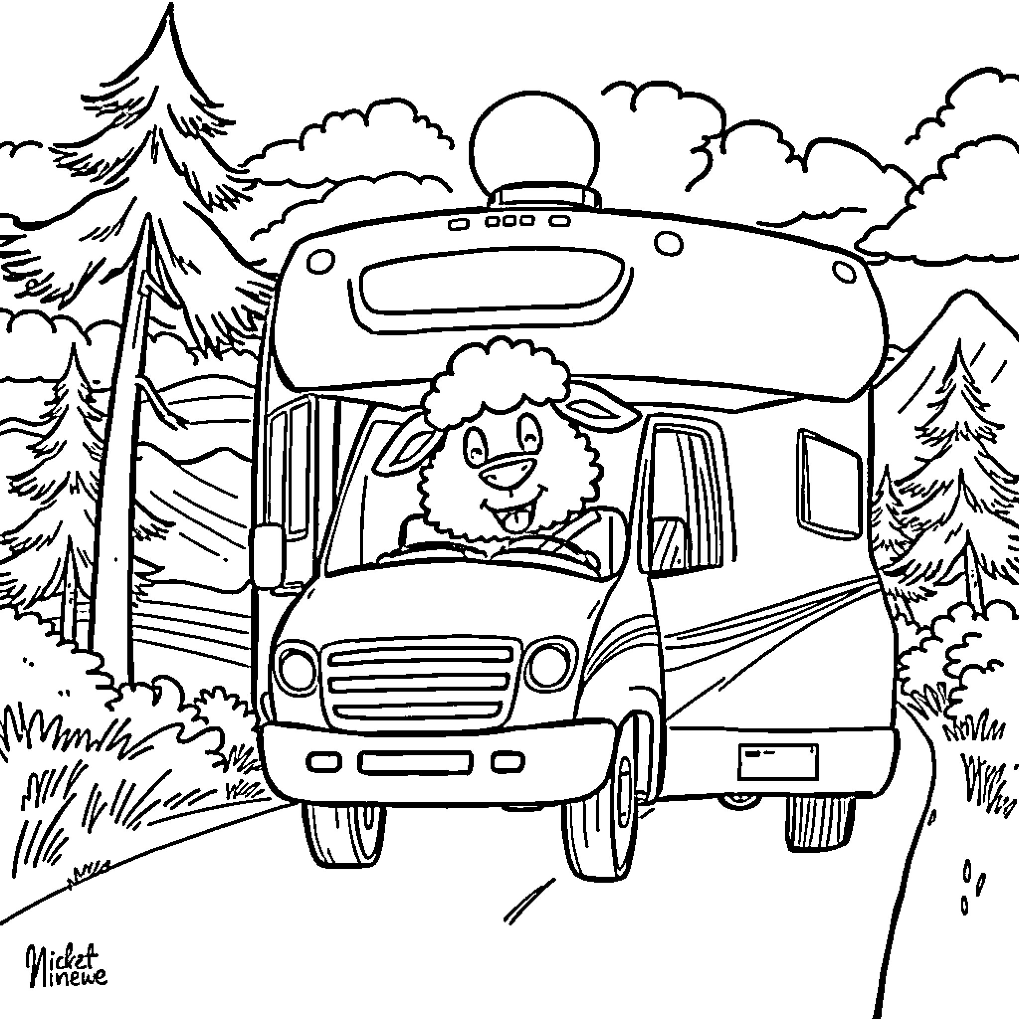 Sheepdog driving an RV through the countryside Coloring Page (free black-and-white line drawing printable PDF for all, from beginners to advanced learners, including children, teens, adults, and seniors)