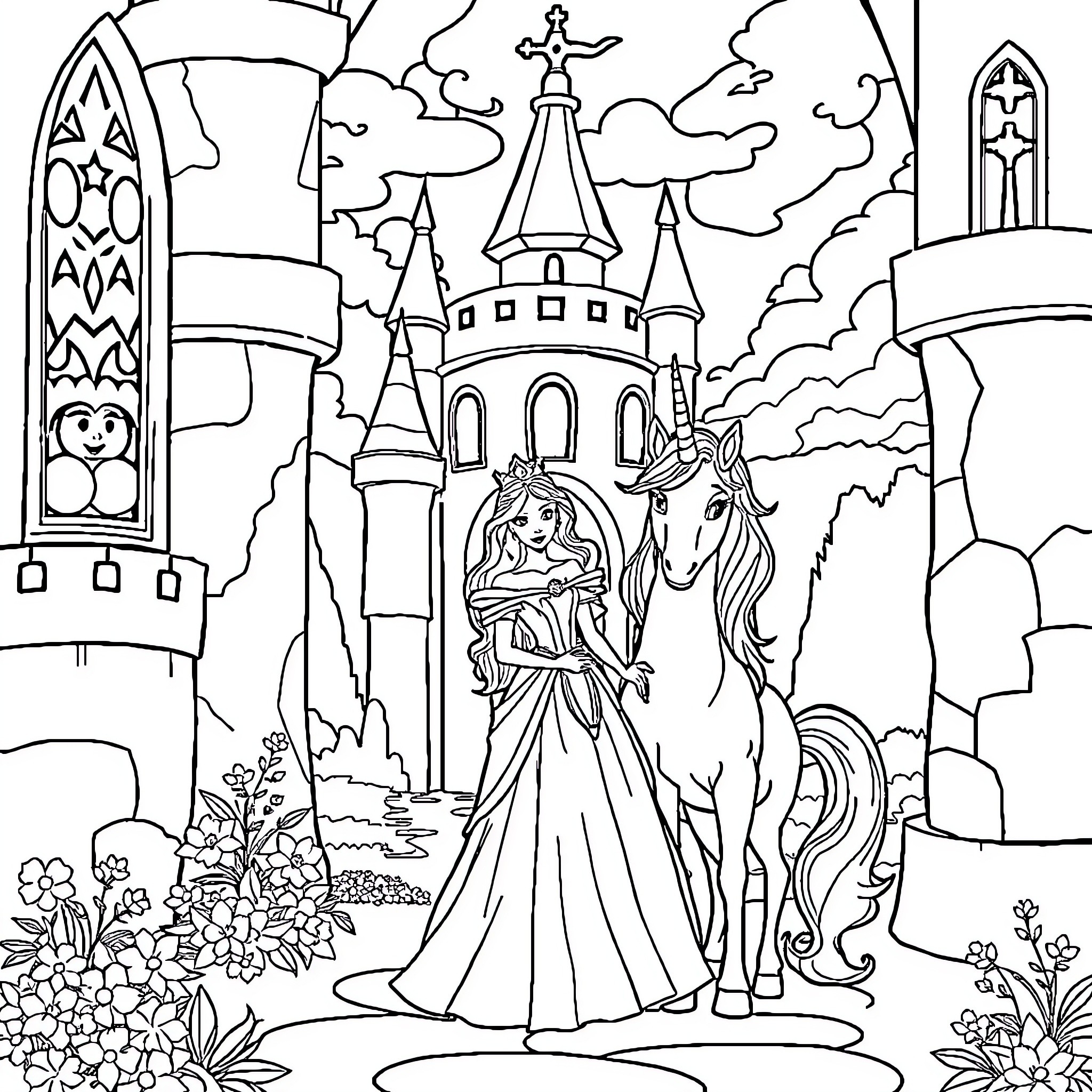 Princess and Unicorn in a Fairytale Castle Coloring Page (free black-and-white line drawing printable PDF for all, from beginners to advanced learners, including children, teens, adults, and seniors)