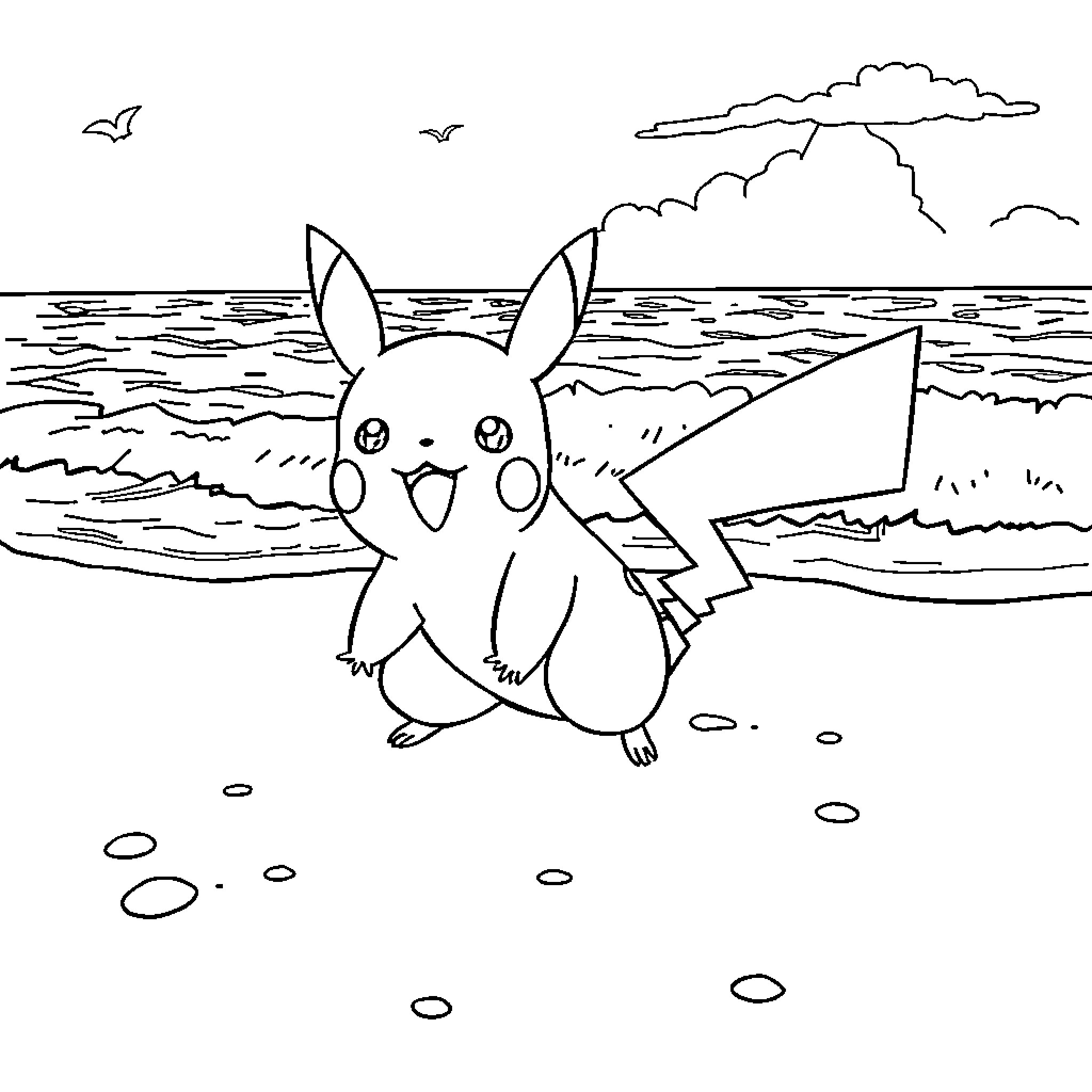 Pikachu enjoying a day at the beach Coloring Page (free black-and-white line drawing printable PDF for all, from beginners to advanced learners, including children, teens, adults, and seniors)