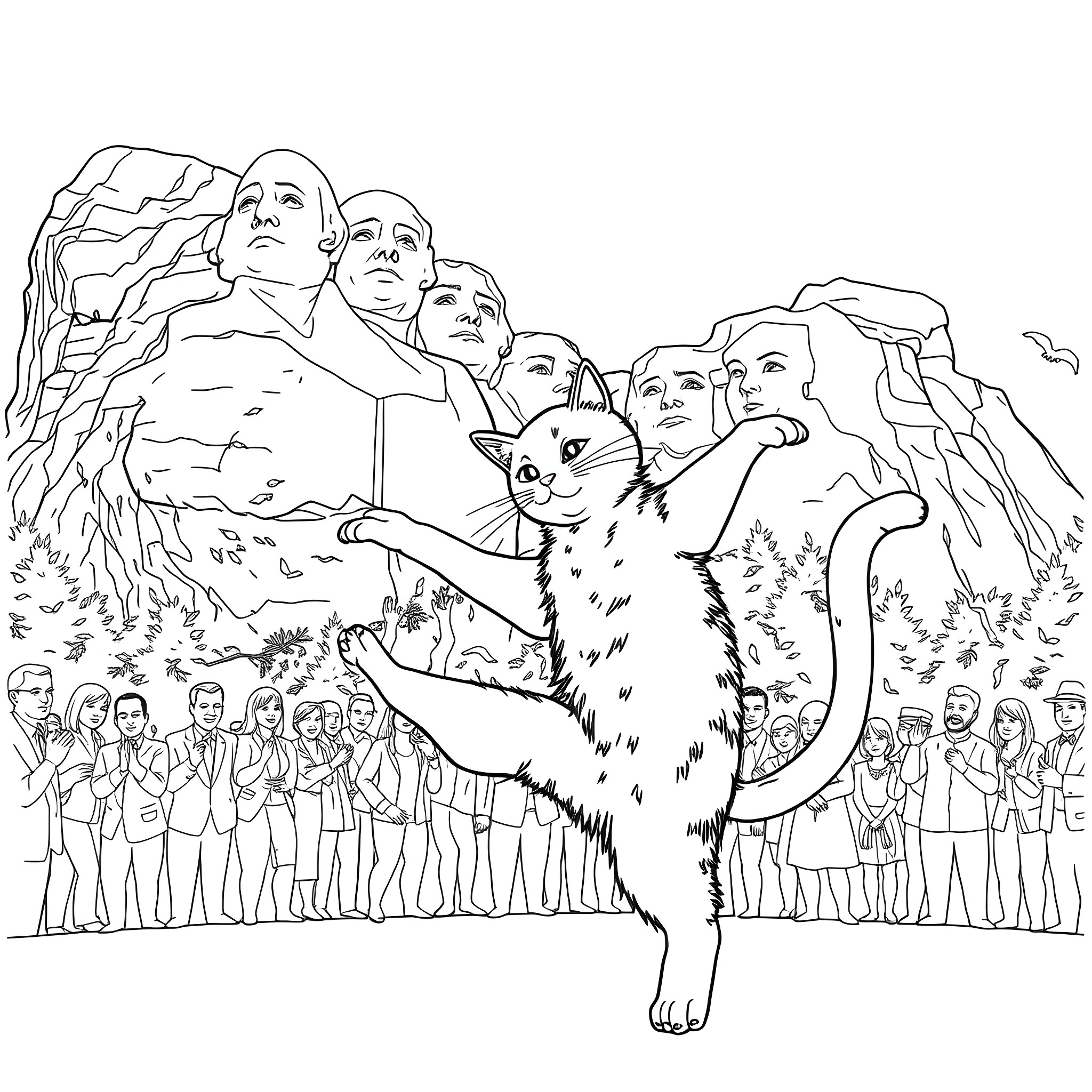 Cat on Mount Rushmore with a crowd Coloring Page (free black-and-white line drawing printable PDF for all, from beginners to advanced learners, including children, teens, adults, and seniors)