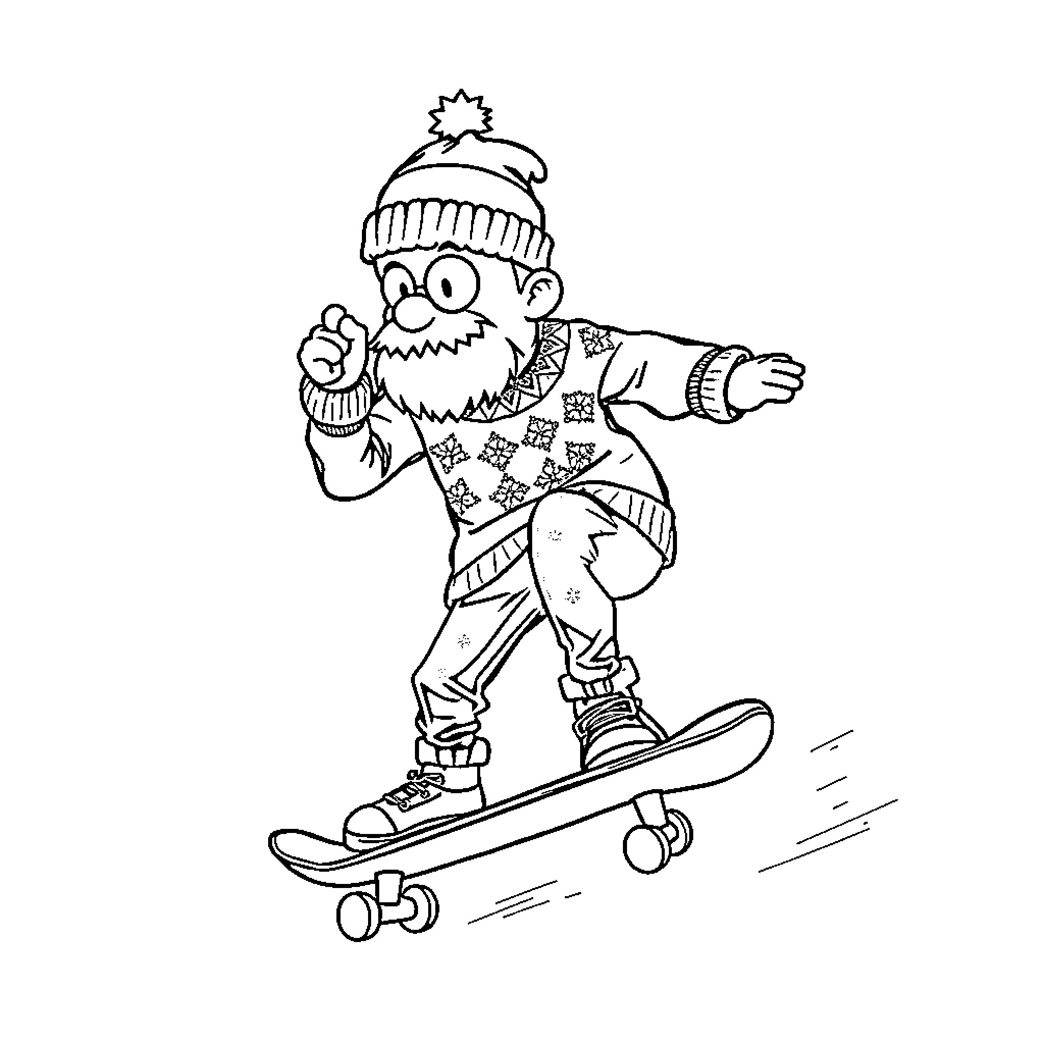 Skateboard rider in winter outfit performing trick Coloring Page (free black-and-white line drawing printable PDF for all, from beginners to advanced learners, including children, teens, adults, and seniors)