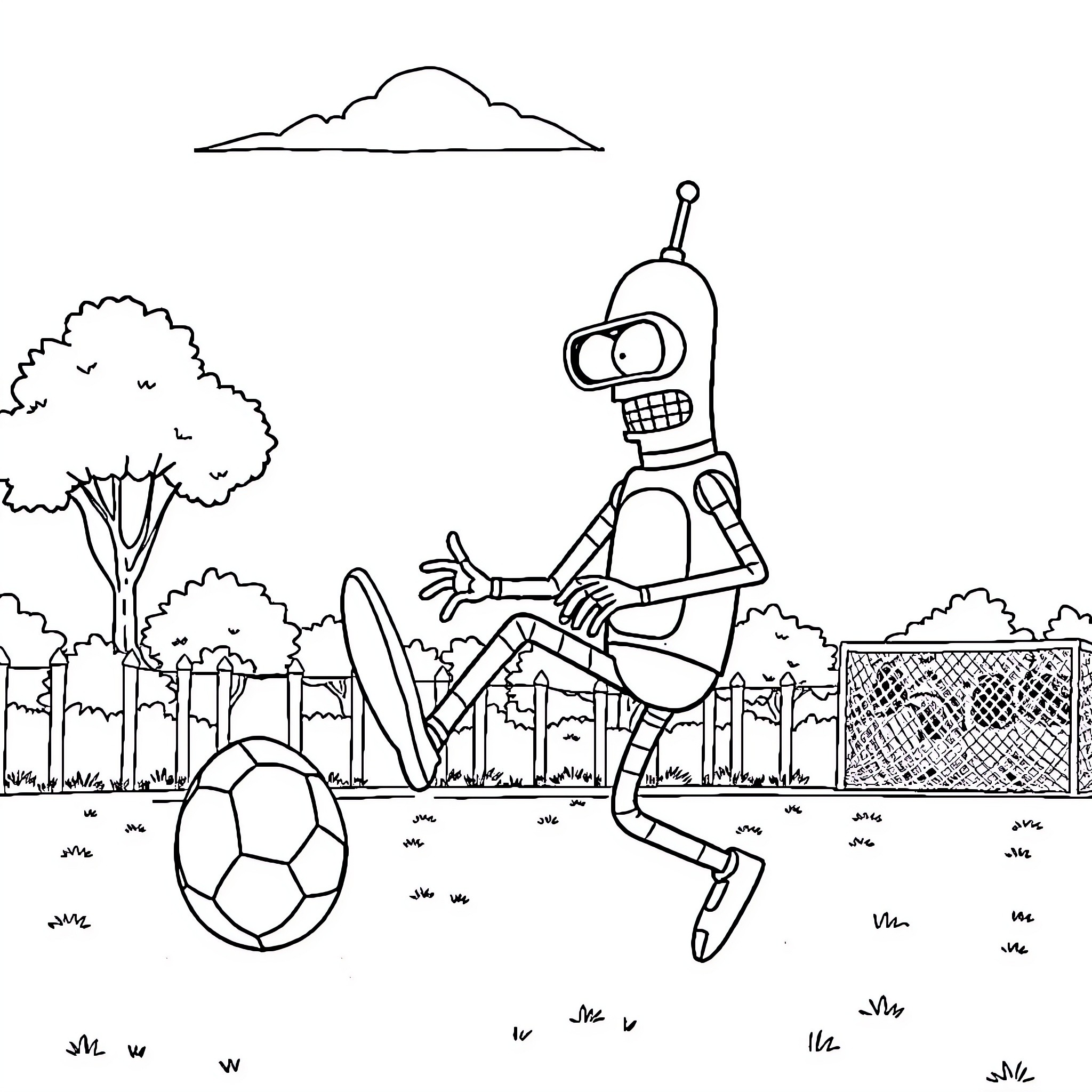 Bender playing soccer in a park Coloring Page (free black-and-white line drawing printable PDF for all, from beginners to advanced learners, including children, teens, adults, and seniors)