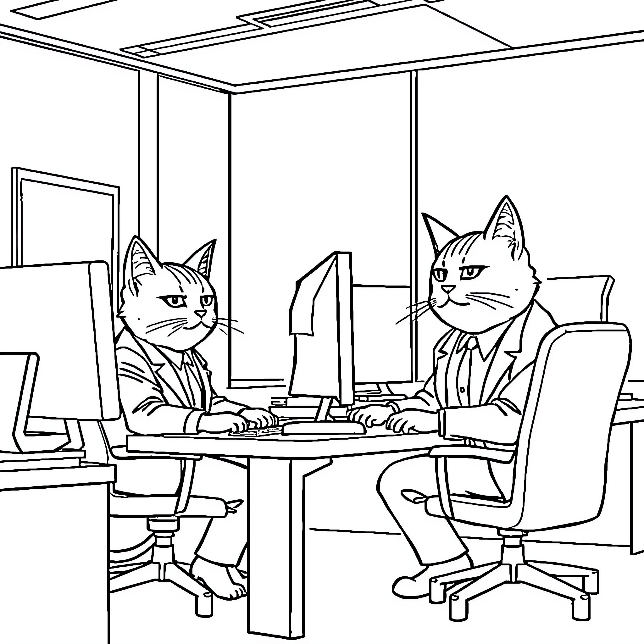 Cats Working Diligently at Computers Coloring Page (free black-and-white line drawing printable PDF for all, from beginners to advanced learners, including children, teens, adults, and seniors)