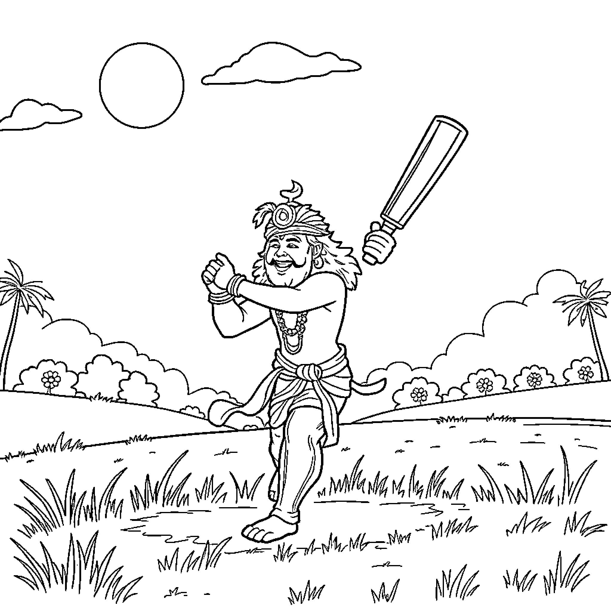 Hanuman leaping with a mace in the wilderness Coloring Page (free black-and-white line drawing printable PDF for all, from beginners to advanced learners, including children, teens, adults, and seniors)