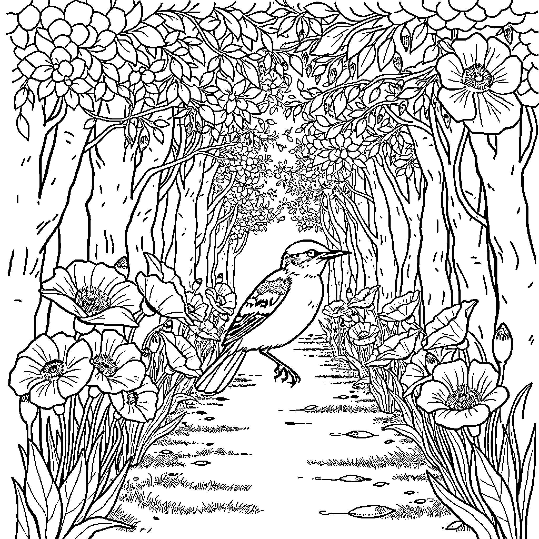 Chouette's Vibrant Garden Sanctuary Coloring Page (free black-and-white line drawing printable PDF for all, from beginners to advanced learners, including children, teens, adults, and seniors)