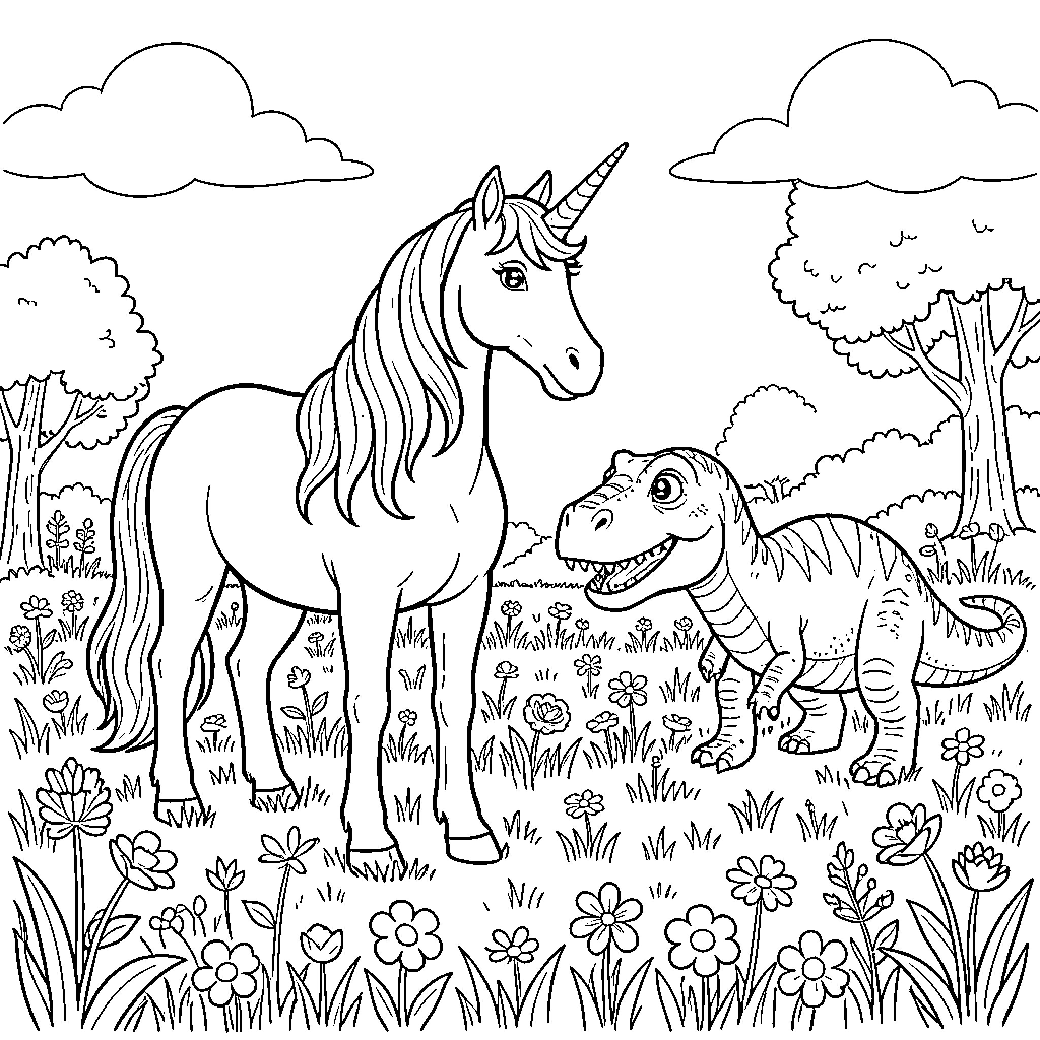 Unicorn interacting with fantasy dinosaur in nature Coloring Page (free black-and-white line drawing printable PDF for all, from beginners to advanced learners, including children, teens, adults, and seniors)