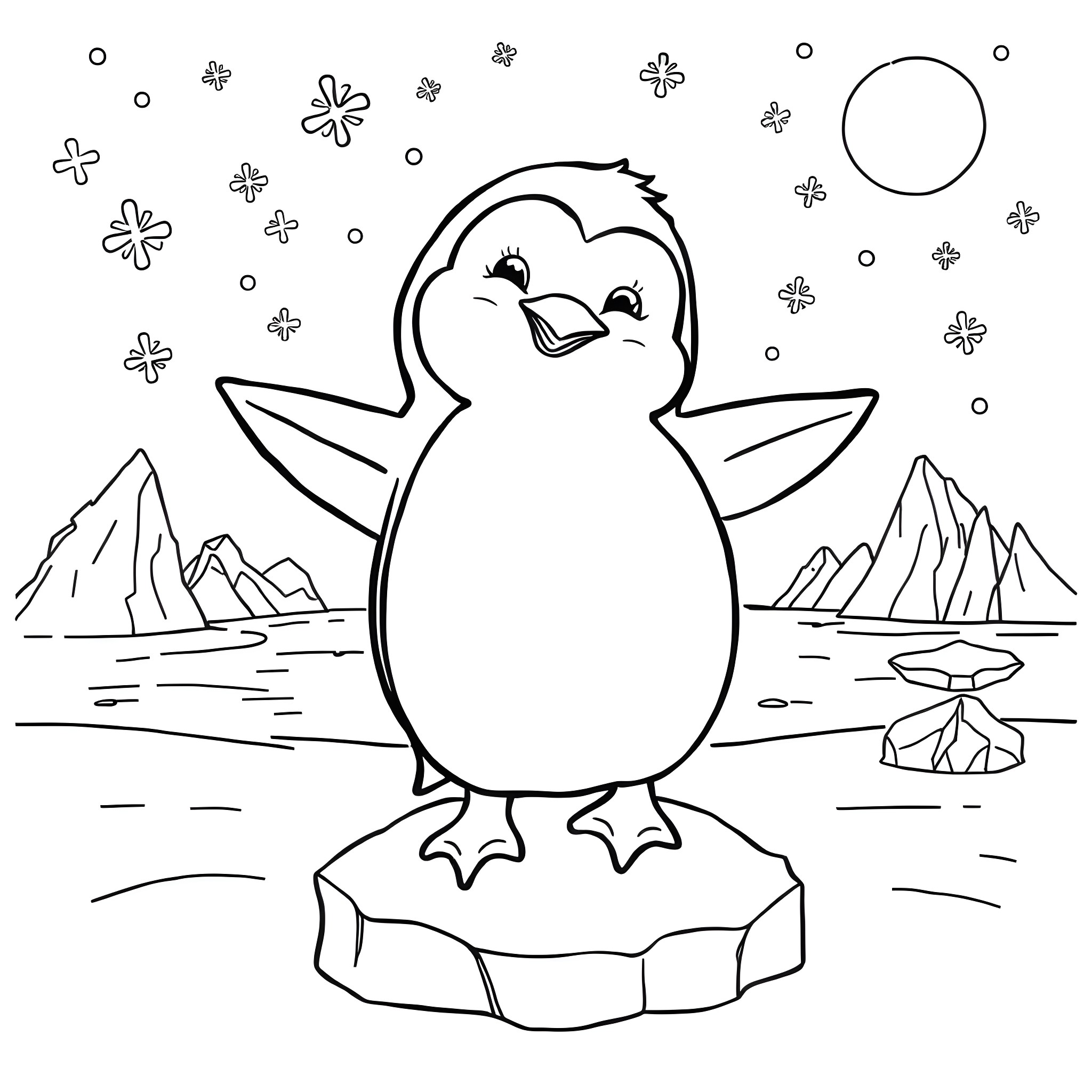 Penguin standing on ice floe in snowy landscape Coloring Page (free black-and-white line drawing printable PDF for all, from beginners to advanced learners, including children, teens, adults, and seniors)