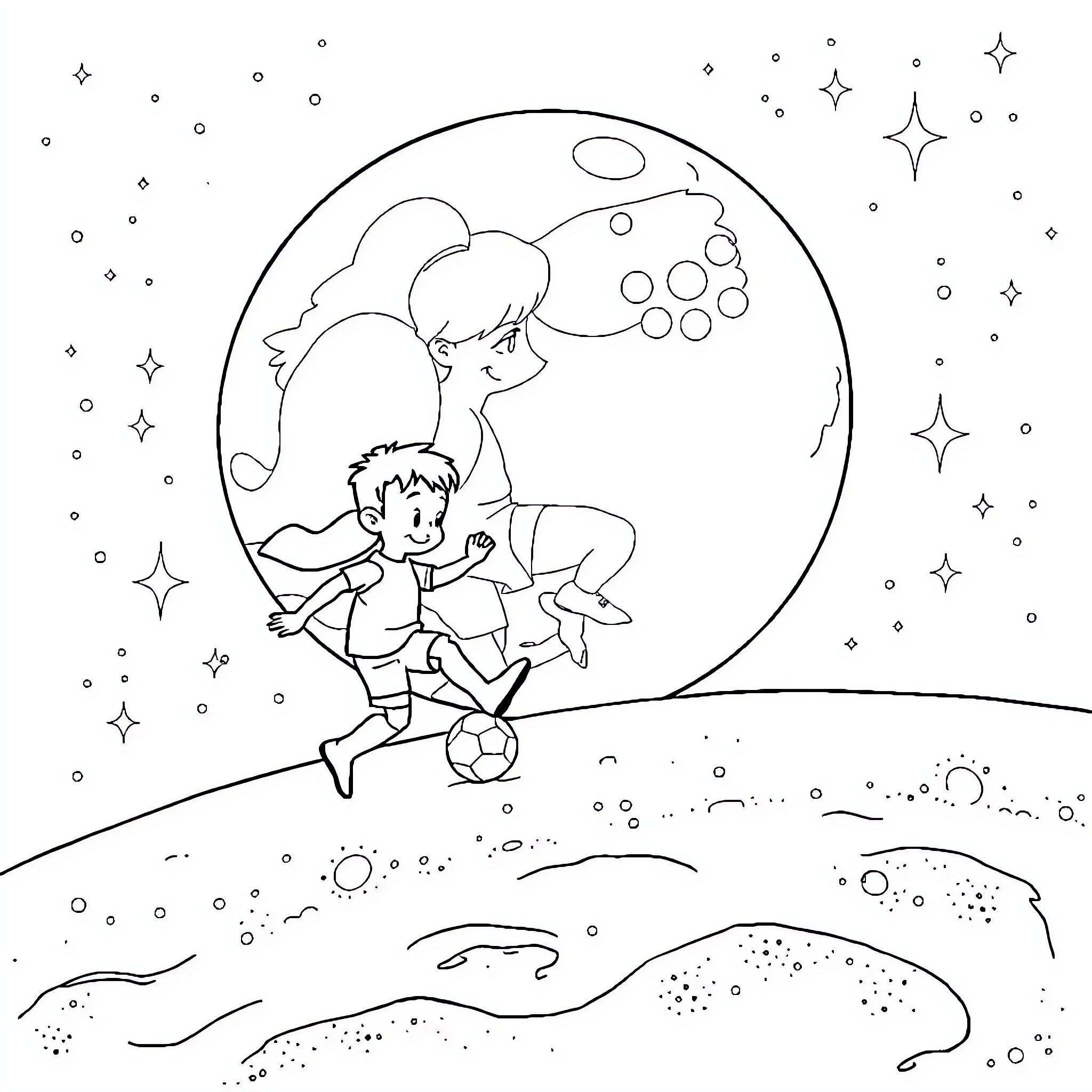 Sam's Moonlit Adventure with Floating Orbs Coloring Page (free black-and-white line drawing printable PDF for all, from beginners to advanced learners, including children, teens, adults, and seniors)
