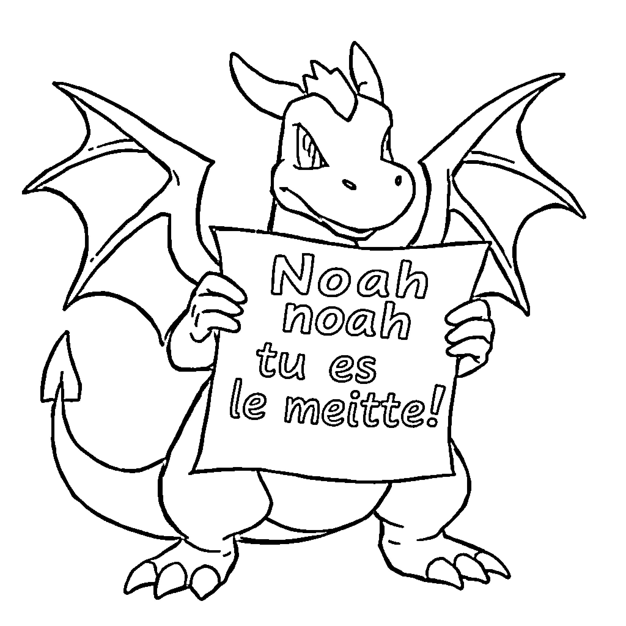 Charizard holding a sign with a humorous message Coloring Page (free black-and-white line drawing printable PDF for all, from beginners to advanced learners, including children, teens, adults, and seniors)