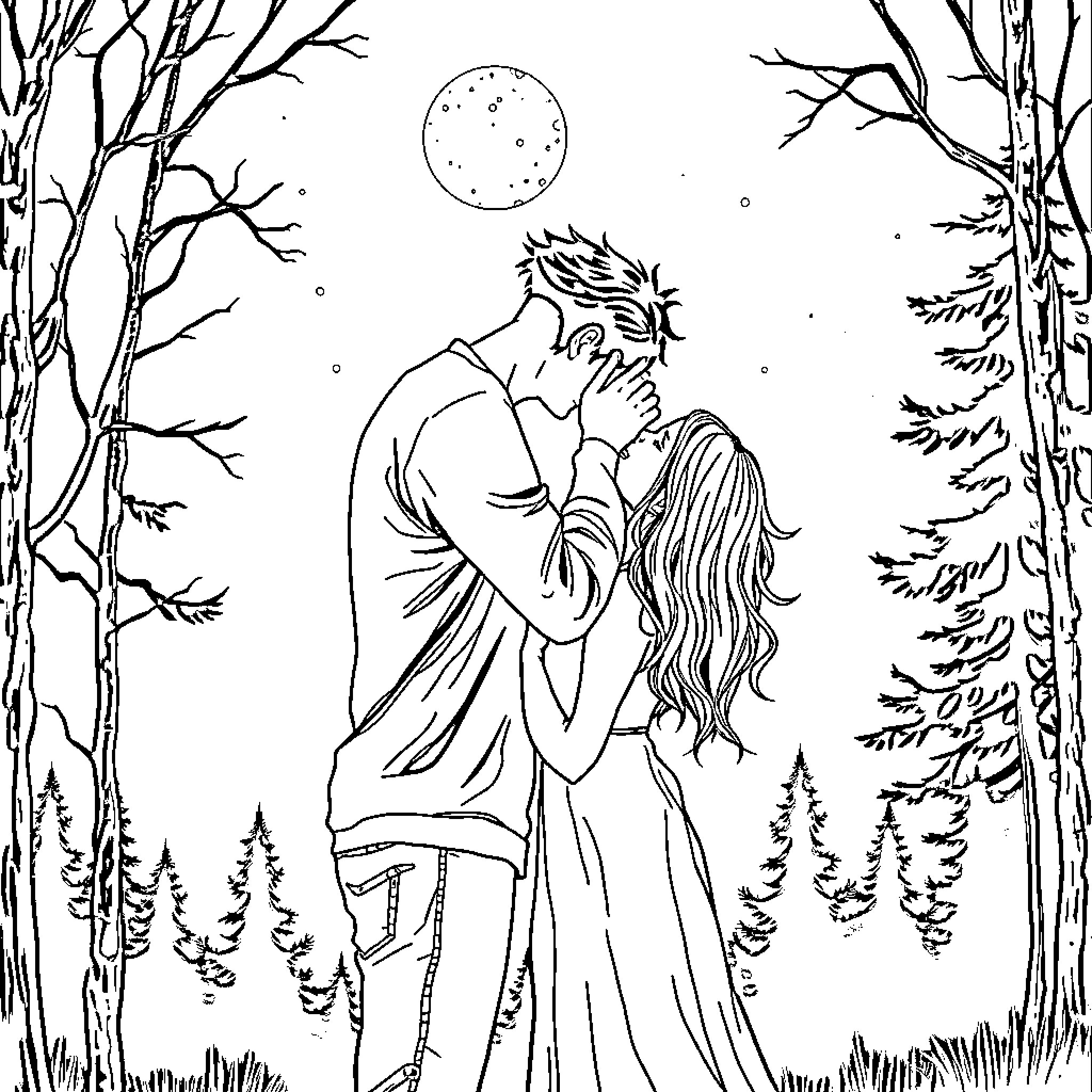 Stiles and Derek embrace under the moonlight in the forest Coloring Page (free black-and-white line drawing printable PDF for all, from beginners to advanced learners, including children, teens, adults, and seniors)