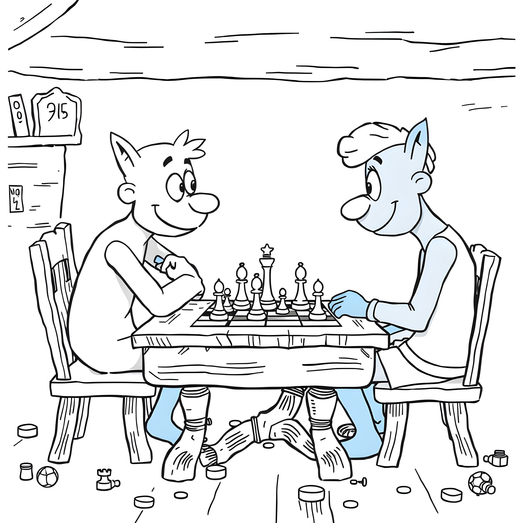 Bluey and friends playing a game of chess Coloring Page (free black-and-white line drawing printable PDF for all, from beginners to advanced learners, including children, teens, adults, and seniors)