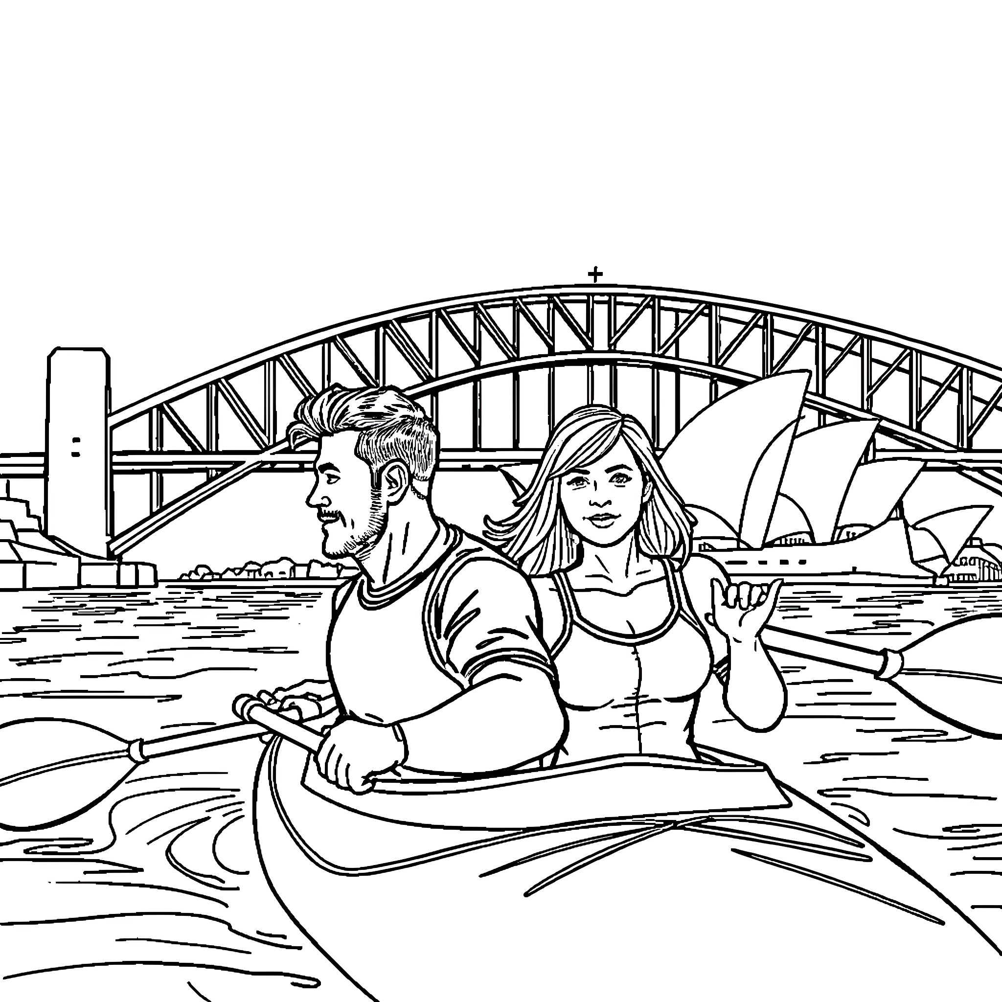 Man and Woman Enjoying Boat Ride at Sydney Harbor Coloring Page (free black-and-white line drawing printable PDF for all, from beginners to advanced learners, including children, teens, adults, and seniors)