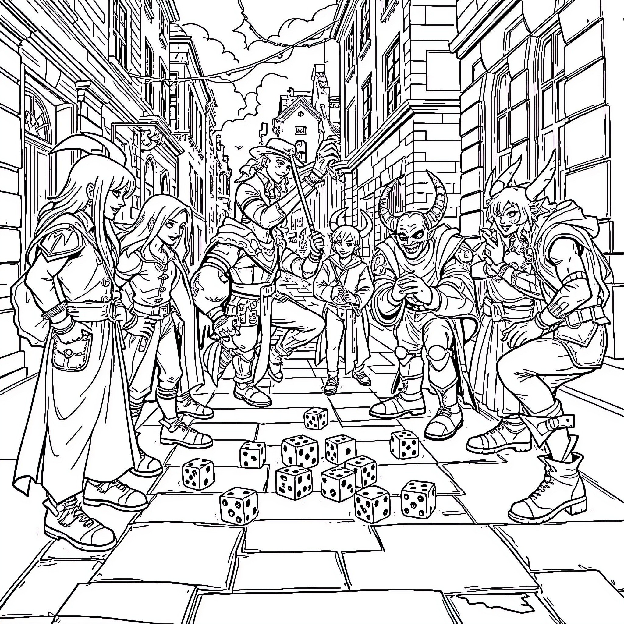 Demon Slayer Characters in Vibrant Urban Setting Coloring Page (free black-and-white line drawing printable PDF for all, from beginners to advanced learners, including children, teens, adults, and seniors)