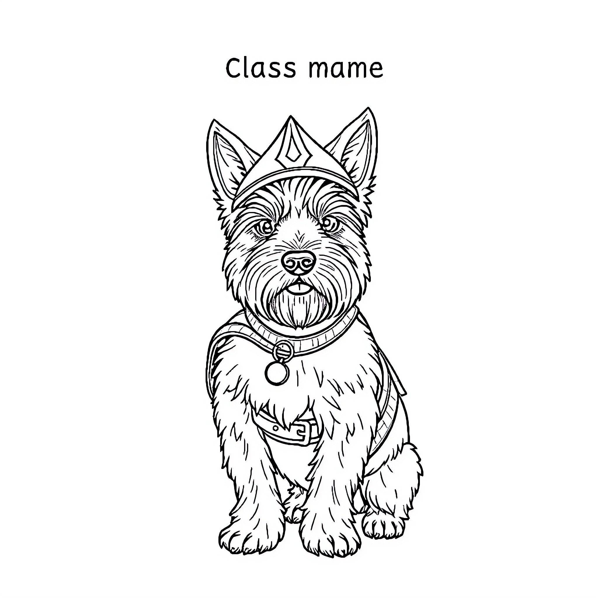 Silky Terrier posing with collar and tag Coloring Page (free black-and-white line drawing printable PDF for all, from beginners to advanced learners, including children, teens, adults, and seniors)