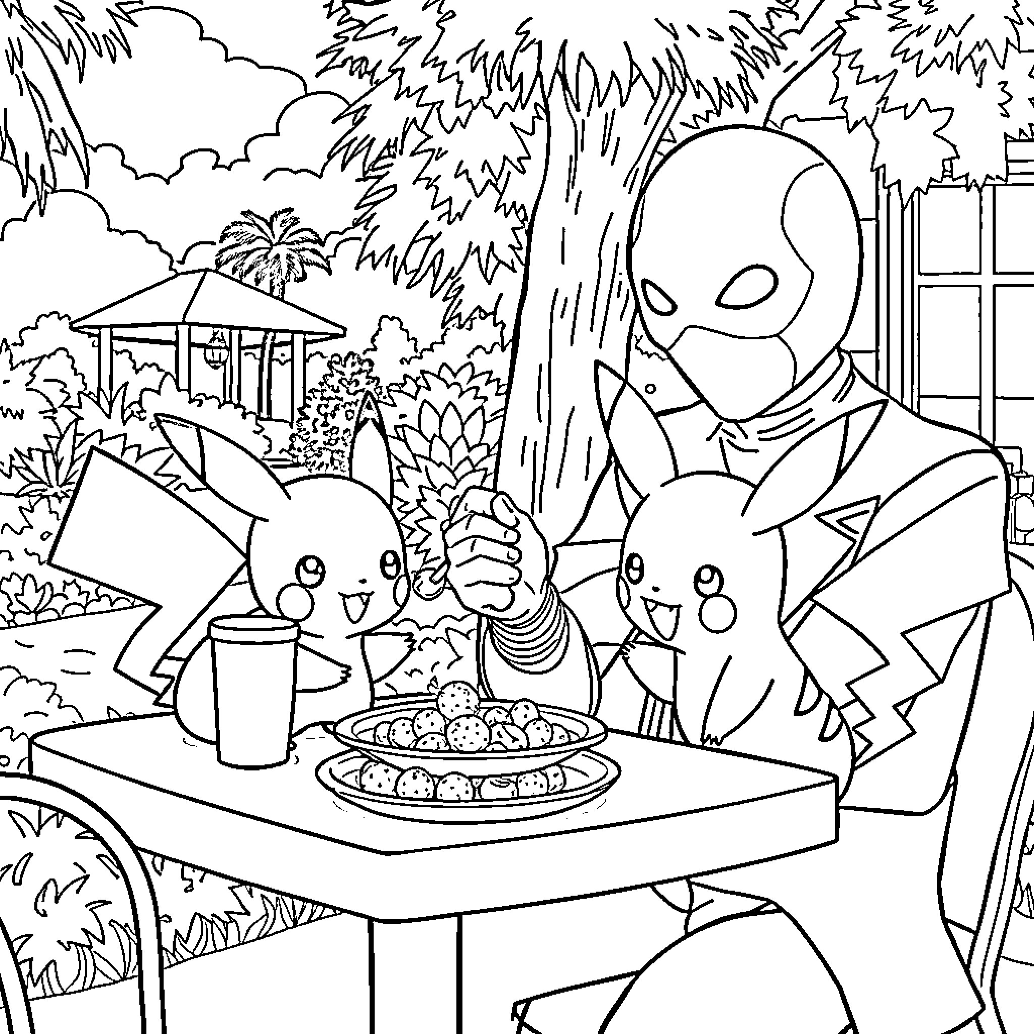 Phantom picnic with playful Pokemon companions Coloring Page (free black-and-white line drawing printable PDF for all, from beginners to advanced learners, including children, teens, adults, and seniors)