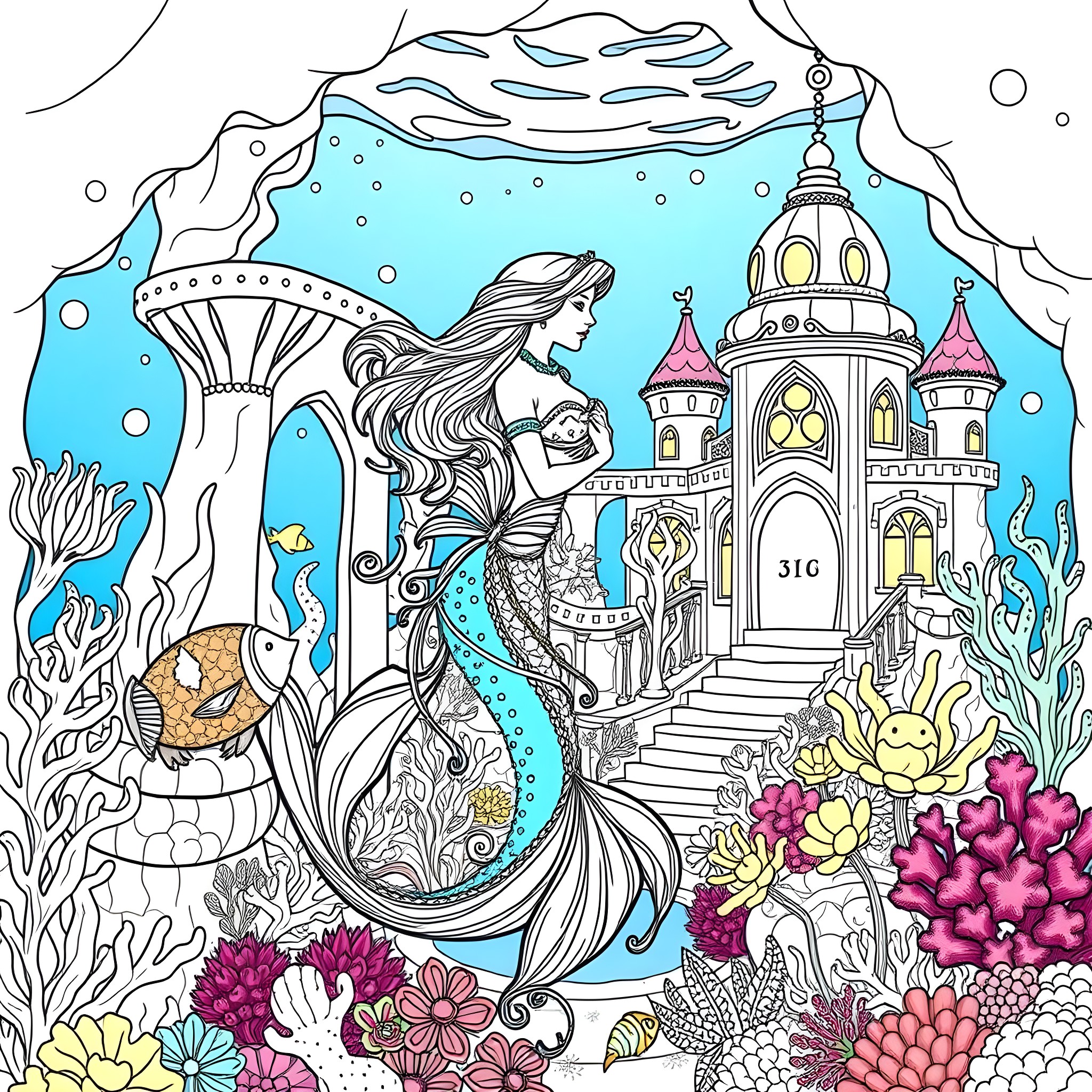 Mermaid exploring an underwater castle Coloring Page (free black-and-white line drawing printable PDF for all, from beginners to advanced learners, including children, teens, adults, and seniors)