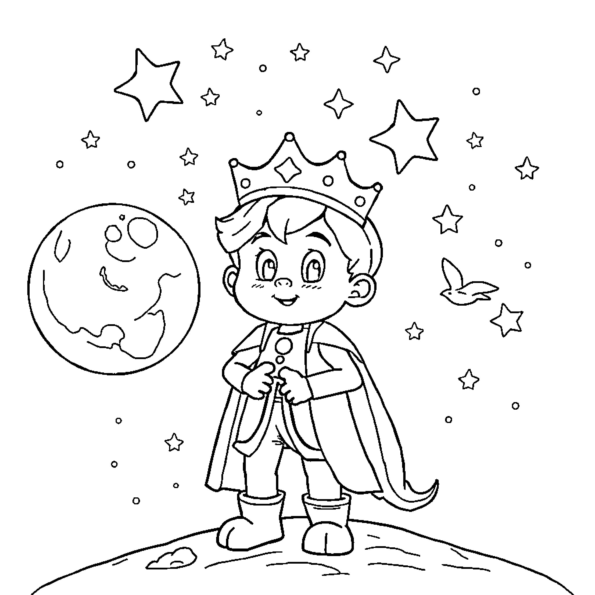 Little Prince exploring the cosmos with stars Coloring Page (free black-and-white line drawing printable PDF for all, from beginners to advanced learners, including children, teens, adults, and seniors)