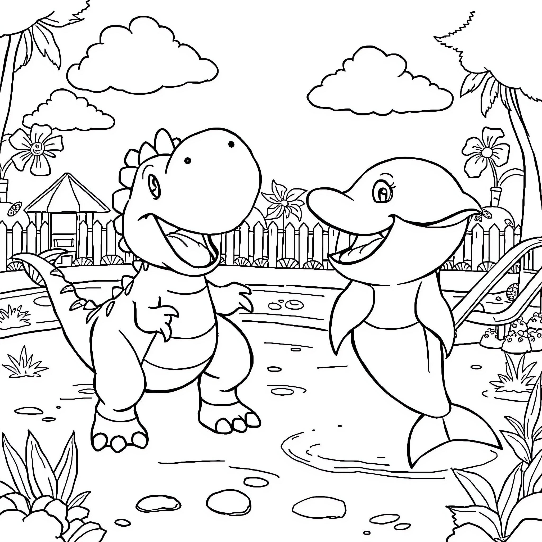 Dinosaurs playing happily in a tropical scene Coloring Page (free black-and-white line drawing printable PDF for all, from beginners to advanced learners, including children, teens, adults, and seniors)