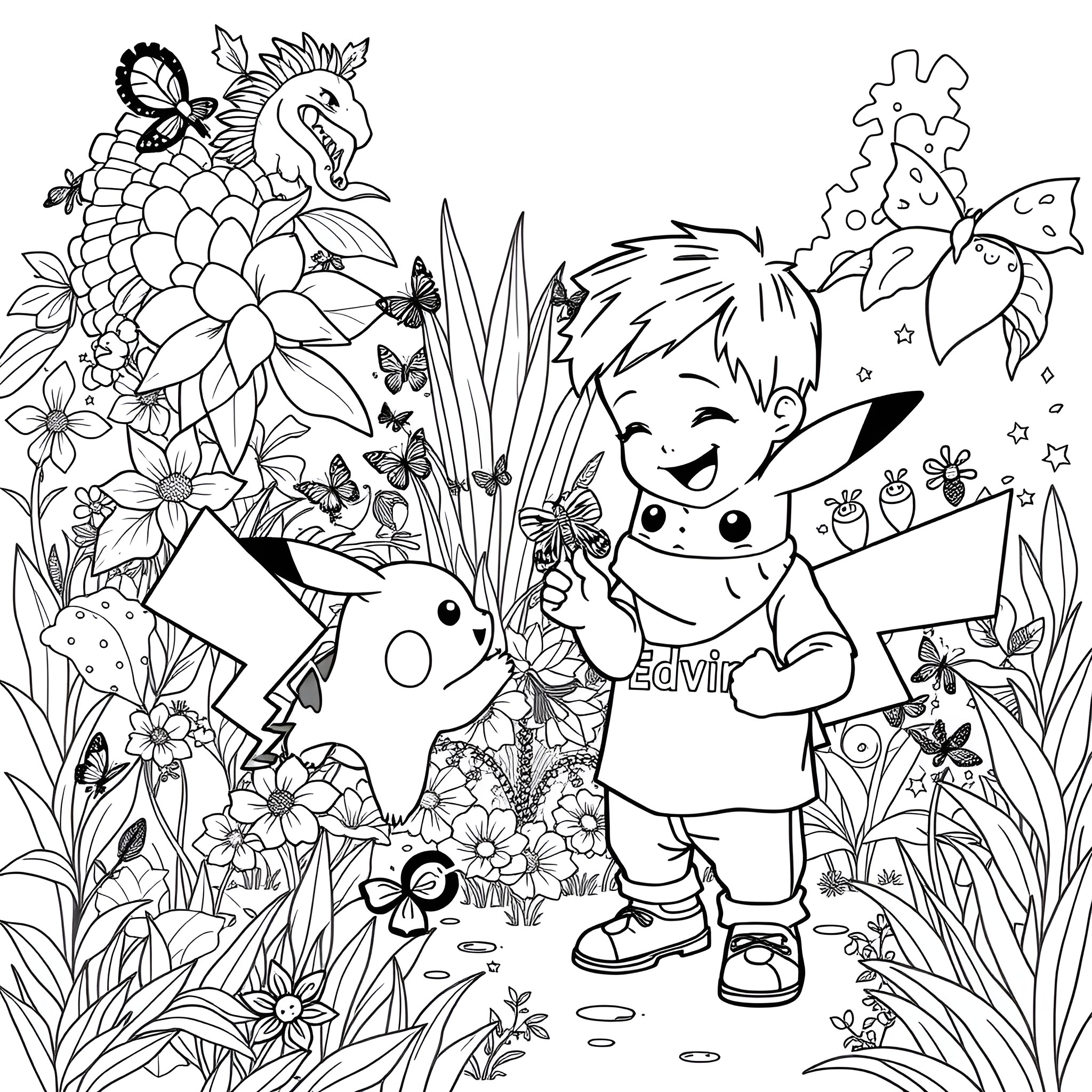Boy exploring nature with curious Pokemon friends Coloring Page (free black-and-white line drawing printable PDF for all, from beginners to advanced learners, including children, teens, adults, and seniors)