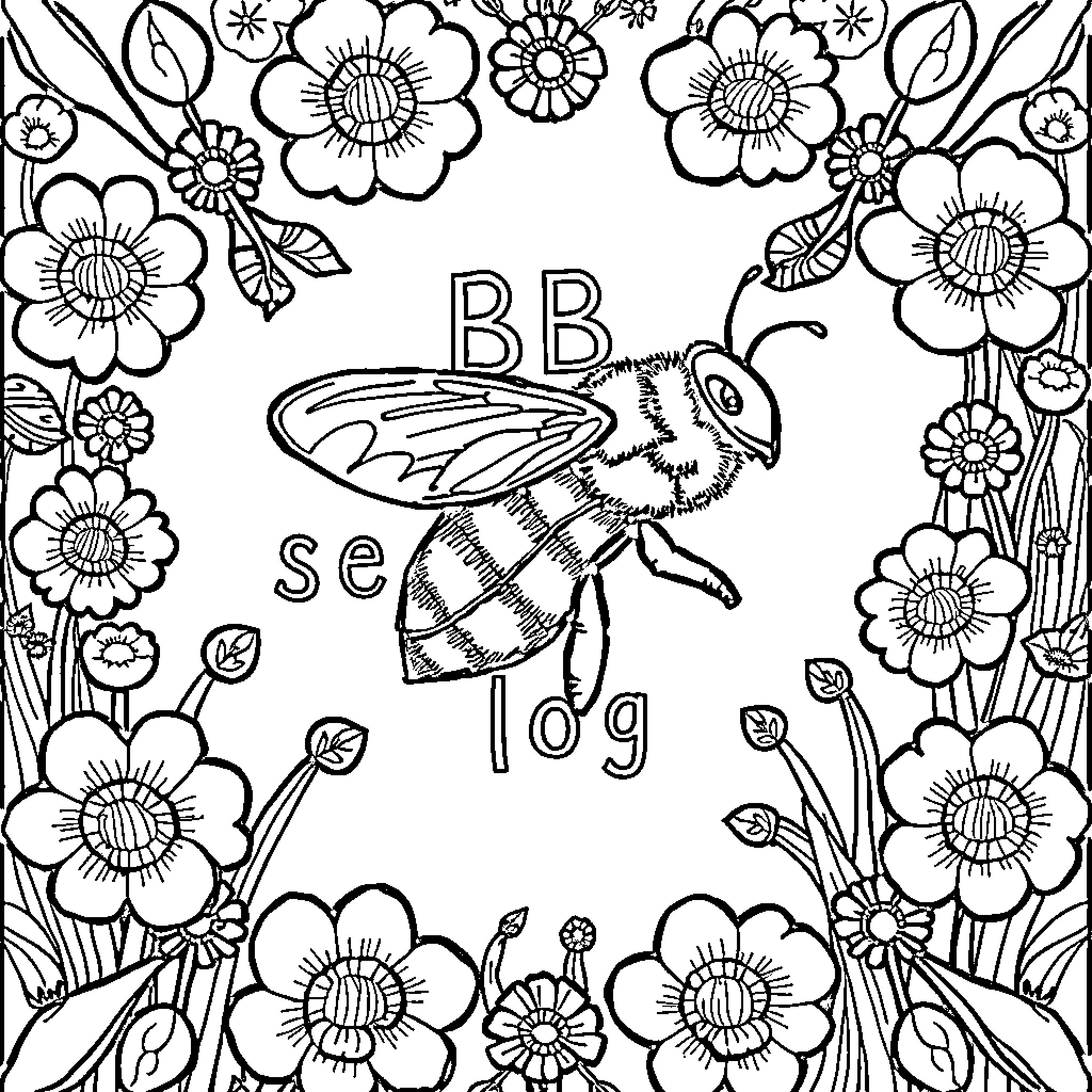 Bee amongst flowers in artistic design Coloring Page (free black-and-white line drawing printable PDF for all, from beginners to advanced learners, including children, teens, adults, and seniors)
