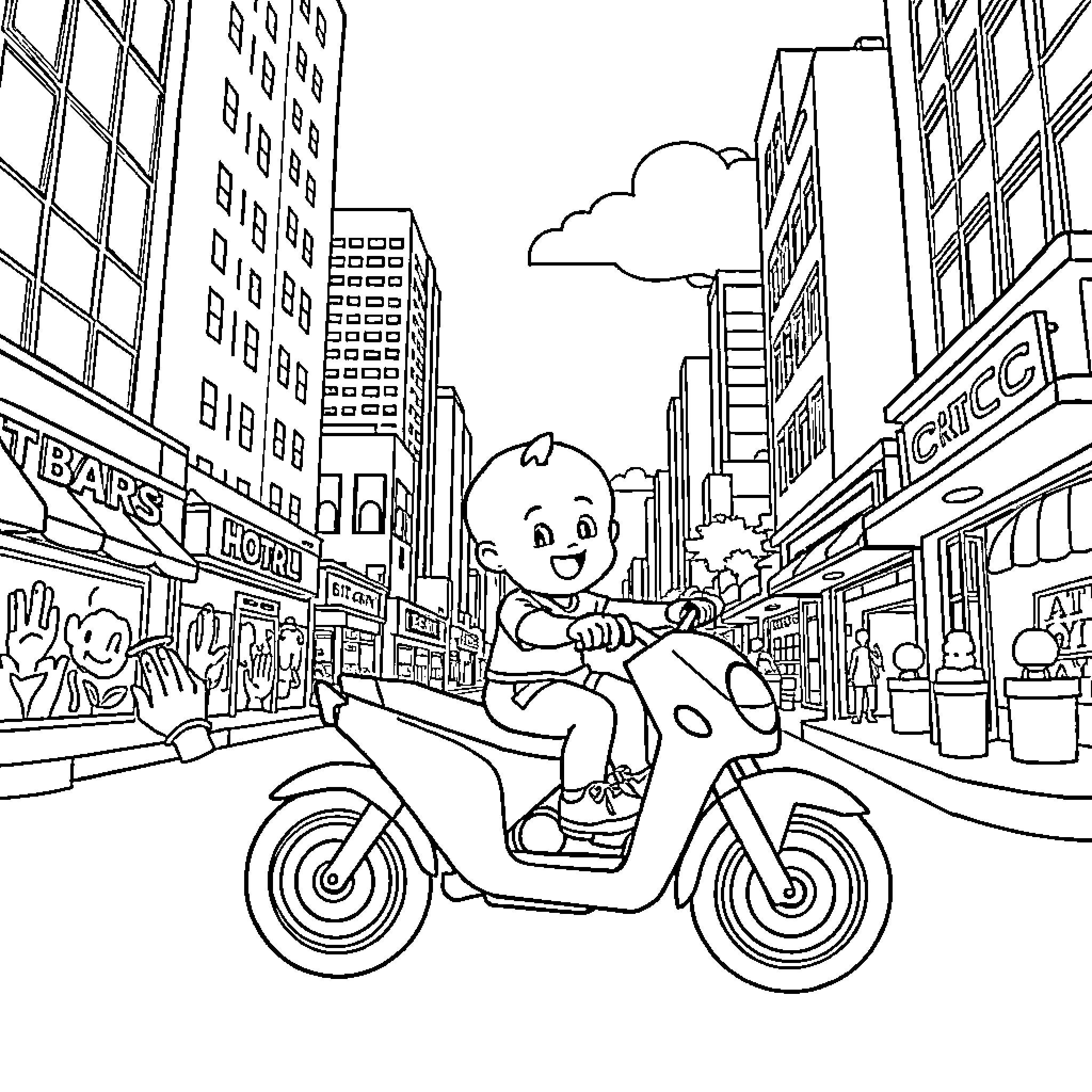 Baby riding scooter in busy city street Coloring Page (free black-and-white line drawing printable PDF for all, from beginners to advanced learners, including children, teens, adults, and seniors)