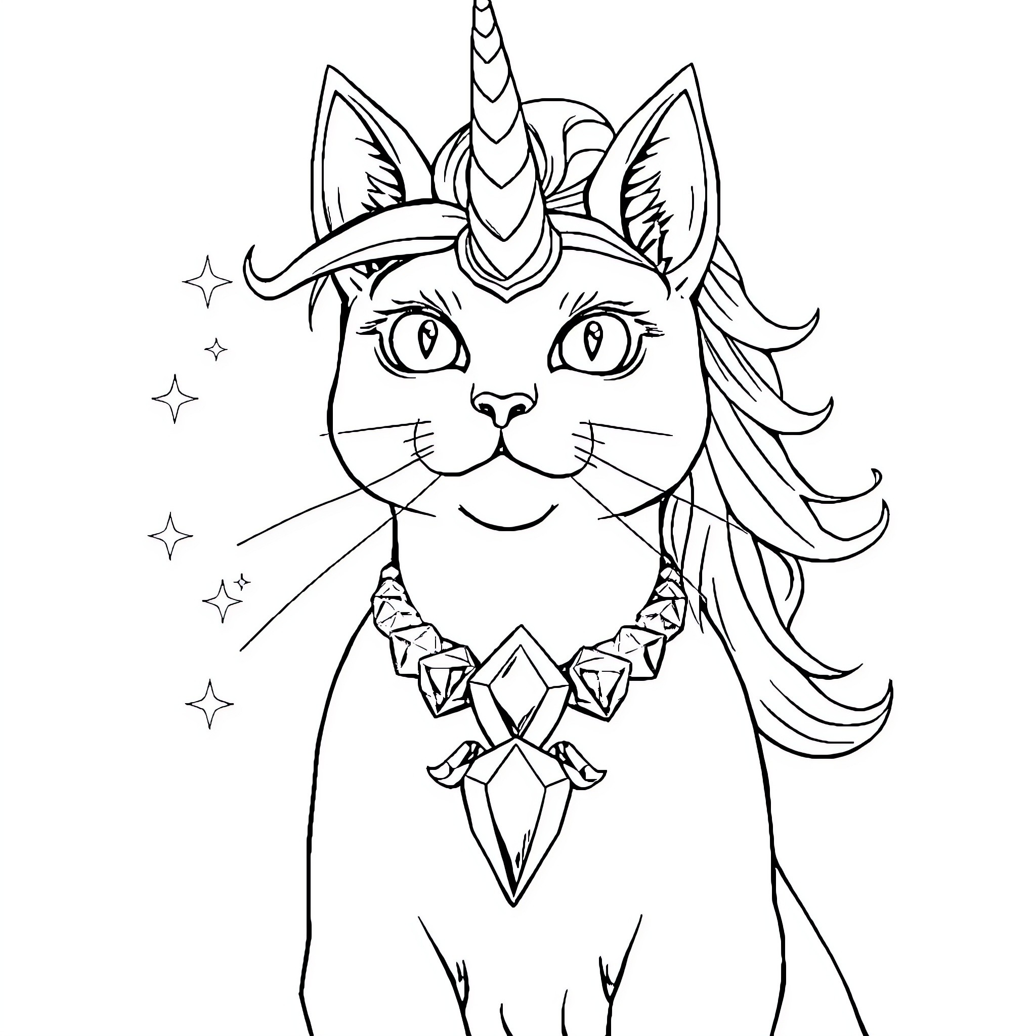 Unicorn Cat with Magical Accessories Coloring Page (free black-and-white line drawing printable PDF for all, from beginners to advanced learners, including children, teens, adults, and seniors)