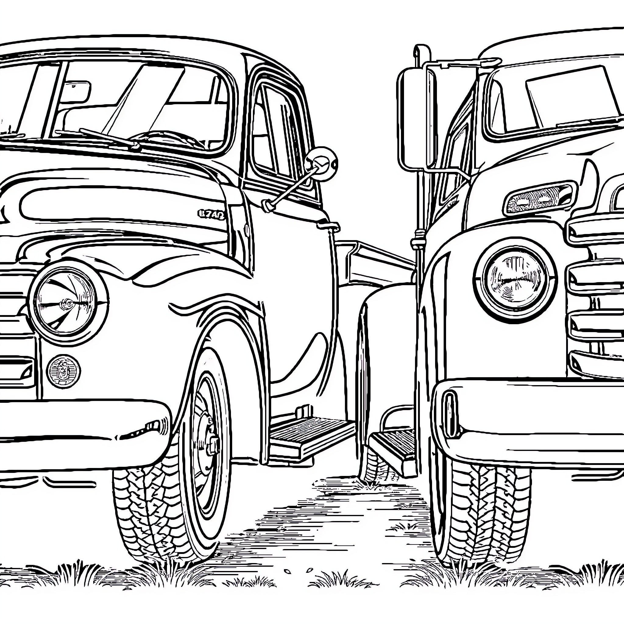 Pick Up Truck Parked in Grassy Area Coloring Page (free black-and-white line drawing printable PDF for all, from beginners to advanced learners, including children, teens, adults, and seniors)