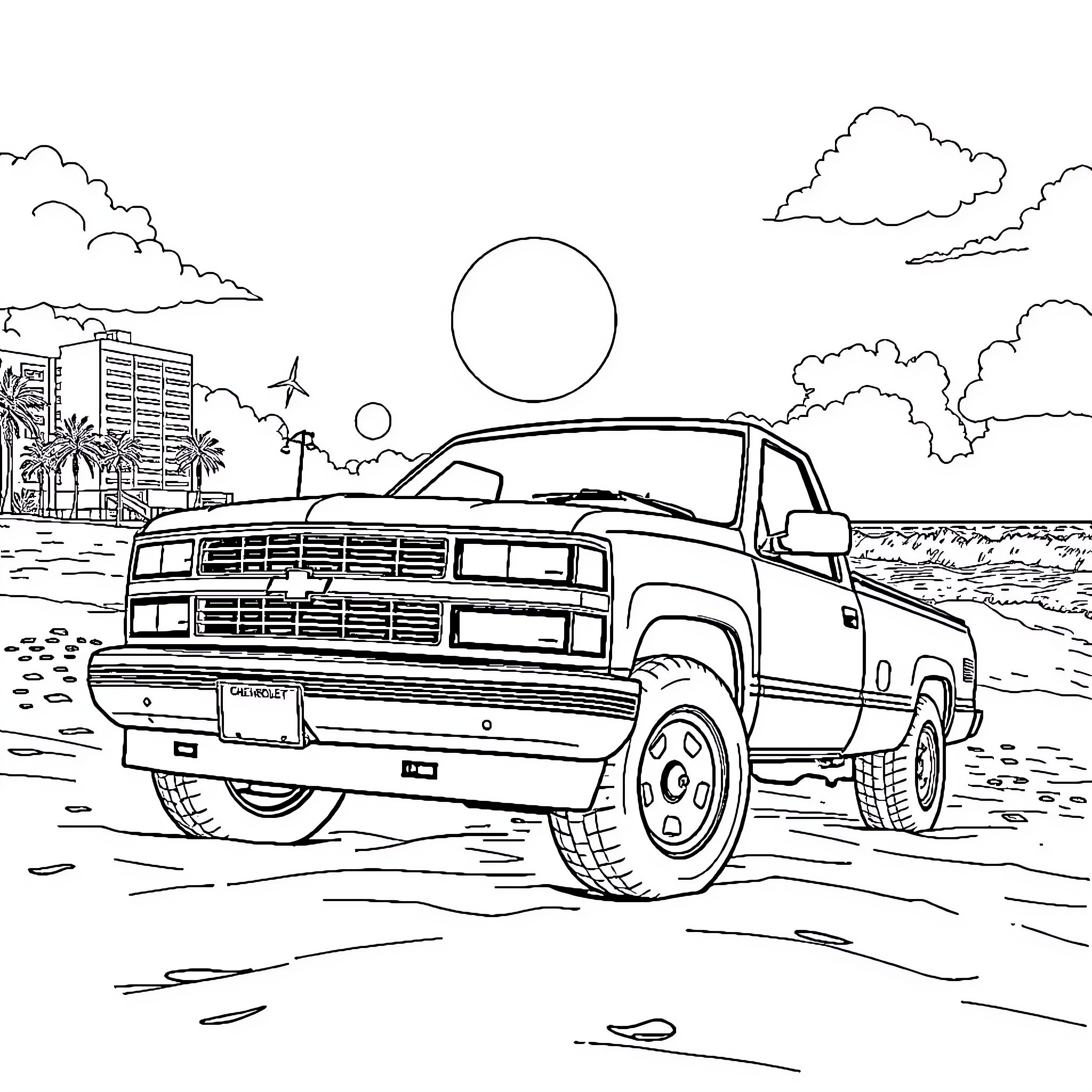 Chevy truck driving on the beach Coloring Page (free black-and-white line drawing printable PDF for all, from beginners to advanced learners, including children, teens, adults, and seniors)