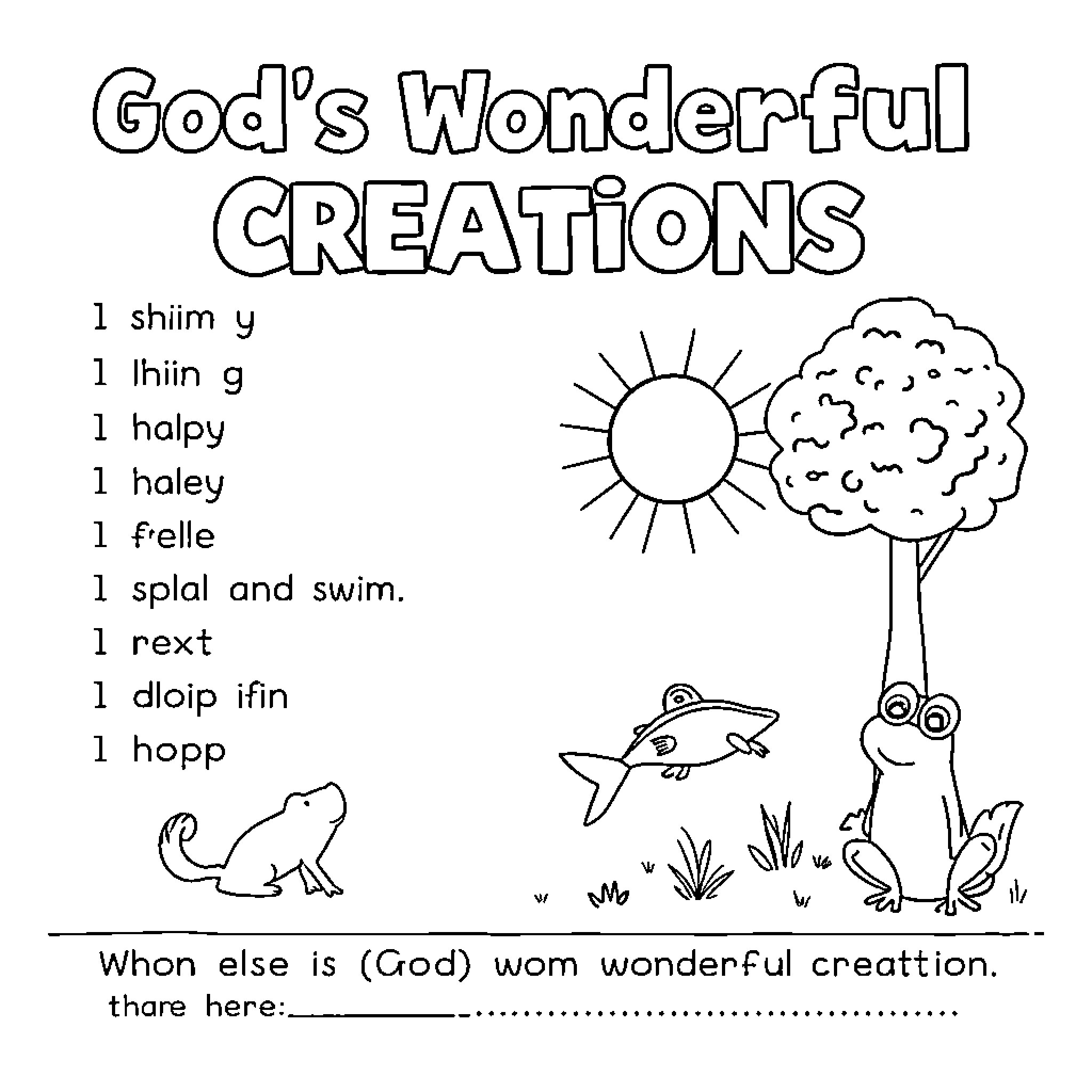 Creation of God's Wonderful Creatures Coloring Page (free black-and-white line drawing printable PDF for all, from beginners to advanced learners, including children, teens, adults, and seniors)