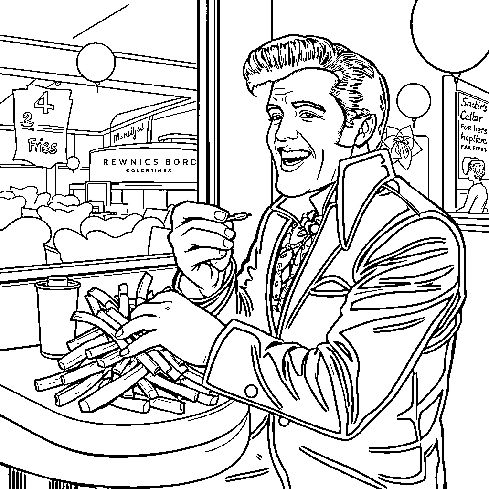 Elvis Enjoying a Diner Meal Coloring Page (free black-and-white line drawing printable PDF for all, from beginners to advanced learners, including children, teens, adults, and seniors)