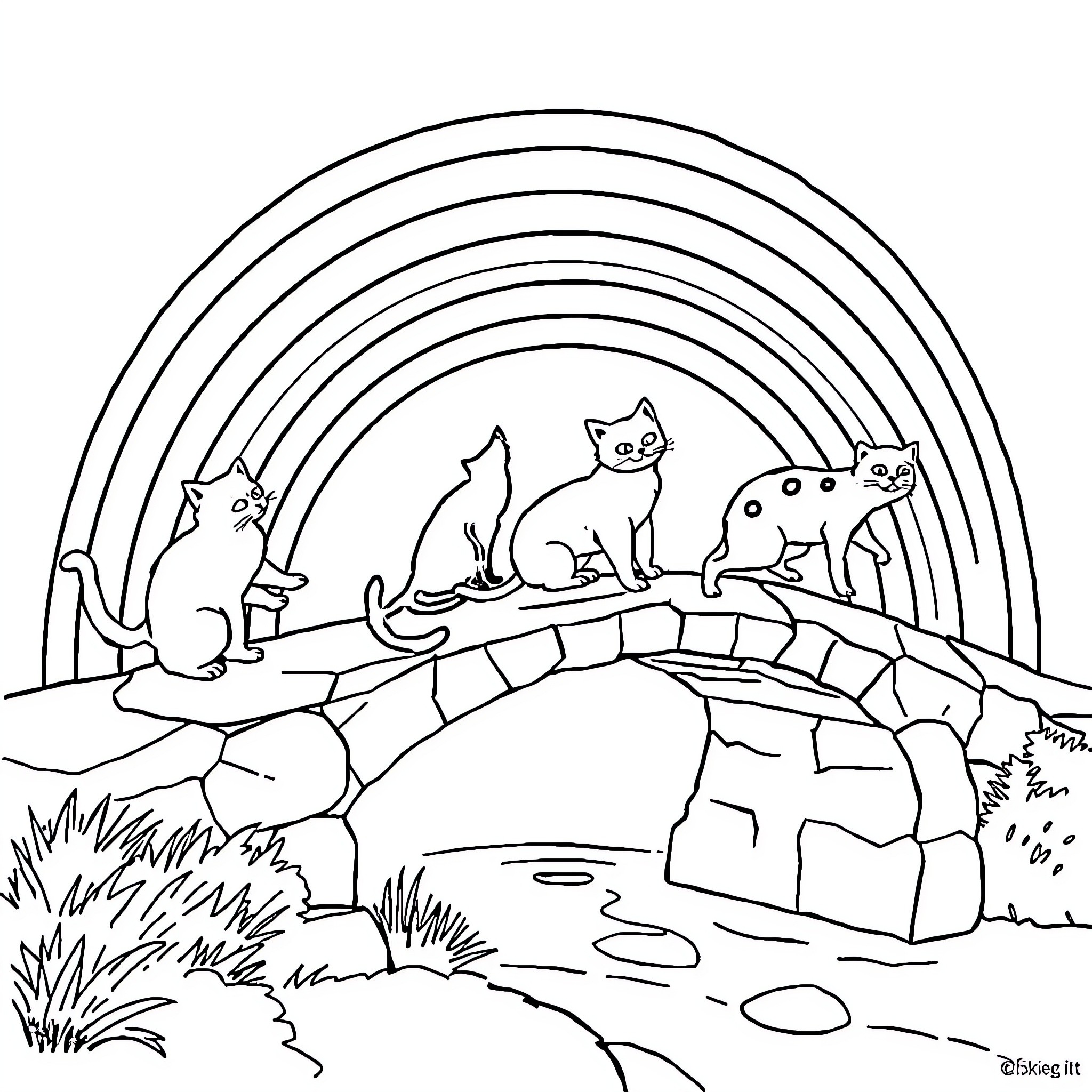Cat friends on a bridge under a rainbow Coloring Page (free black-and-white line drawing printable PDF for all, from beginners to advanced learners, including children, teens, adults, and seniors)