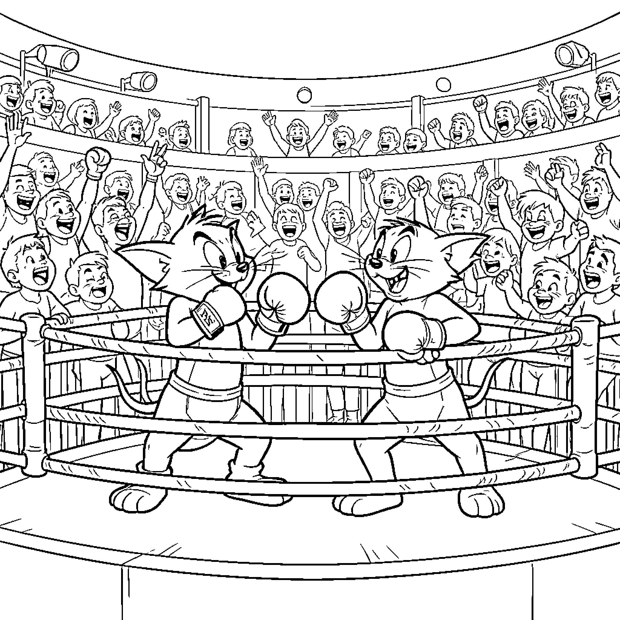 Tom and Jerry compete in the wrestling ring Coloring Page (free black-and-white line drawing printable PDF for all, from beginners to advanced learners, including children, teens, adults, and seniors)
