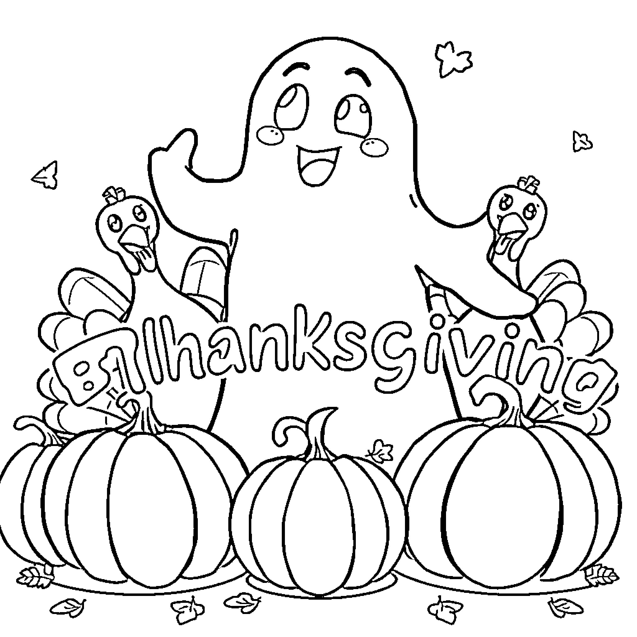 Ghost-themed Thanksgiving with pumpkins and characters Coloring Page (free black-and-white line drawing printable PDF for all, from beginners to advanced learners, including children, teens, adults, and seniors)