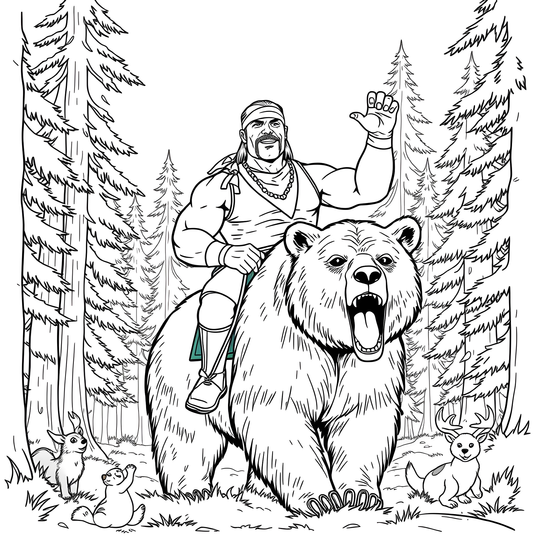 Hulk Hogan with a large bear in the wilderness Coloring Page (free black-and-white line drawing printable PDF for all, from beginners to advanced learners, including children, teens, adults, and seniors)