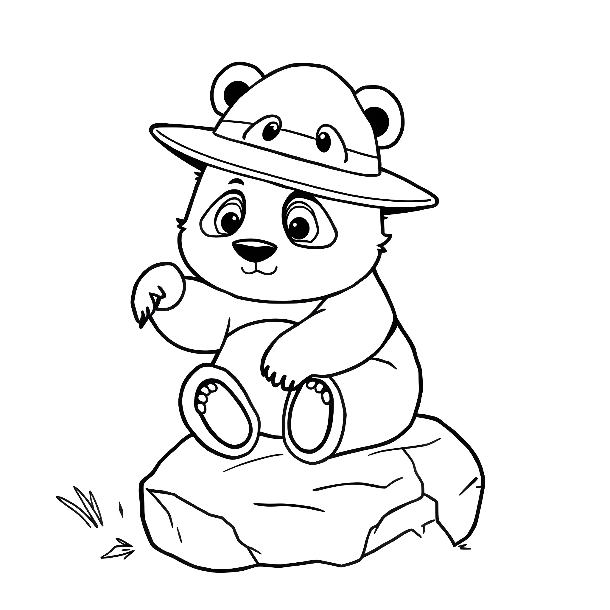 Panda wearing a hat on a rock Coloring Page (free black-and-white line drawing printable PDF for all, from beginners to advanced learners, including children, teens, adults, and seniors)
