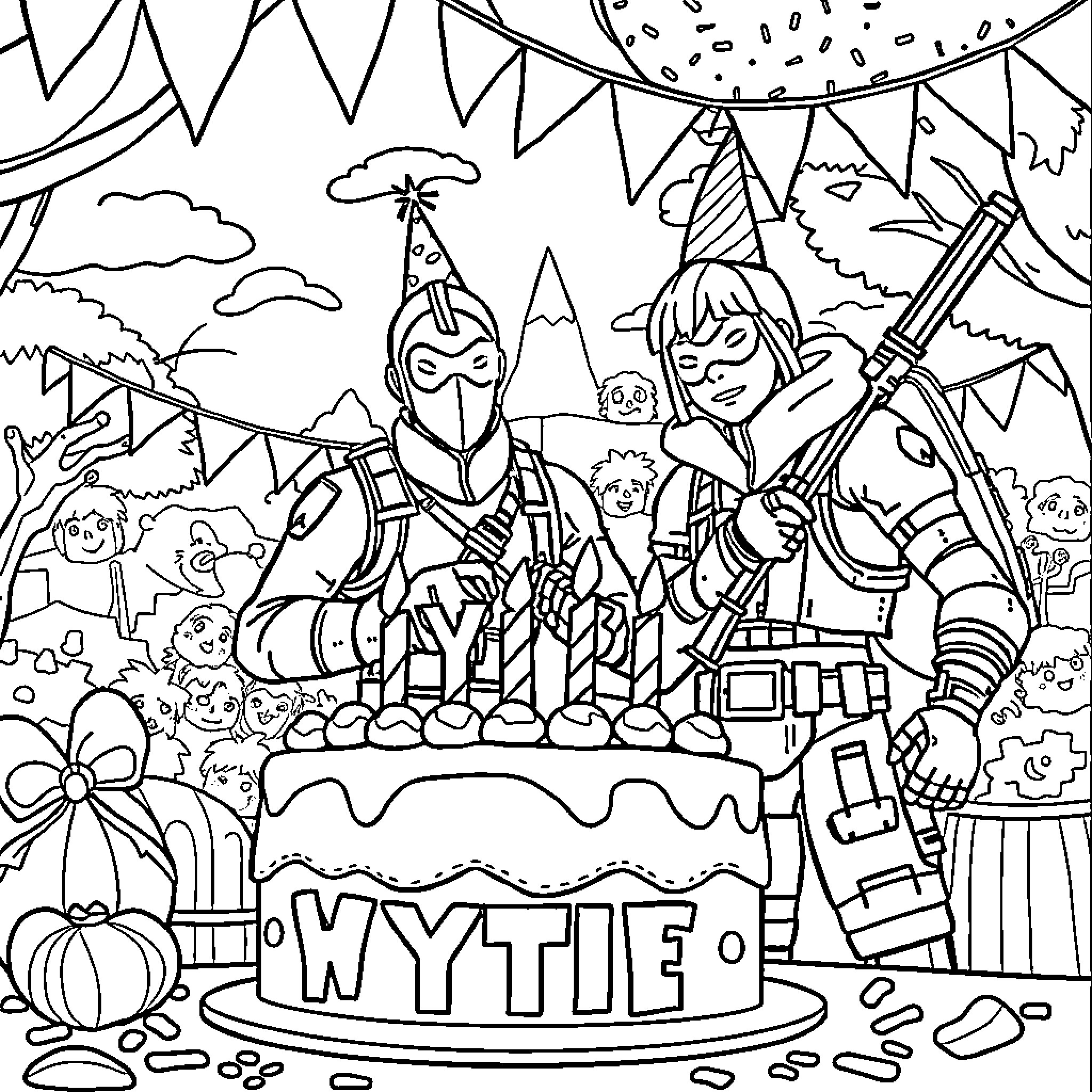 Fortnite characters celebrating a birthday party Coloring Page (free black-and-white line drawing printable PDF for all, from beginners to advanced learners, including children, teens, adults, and seniors)