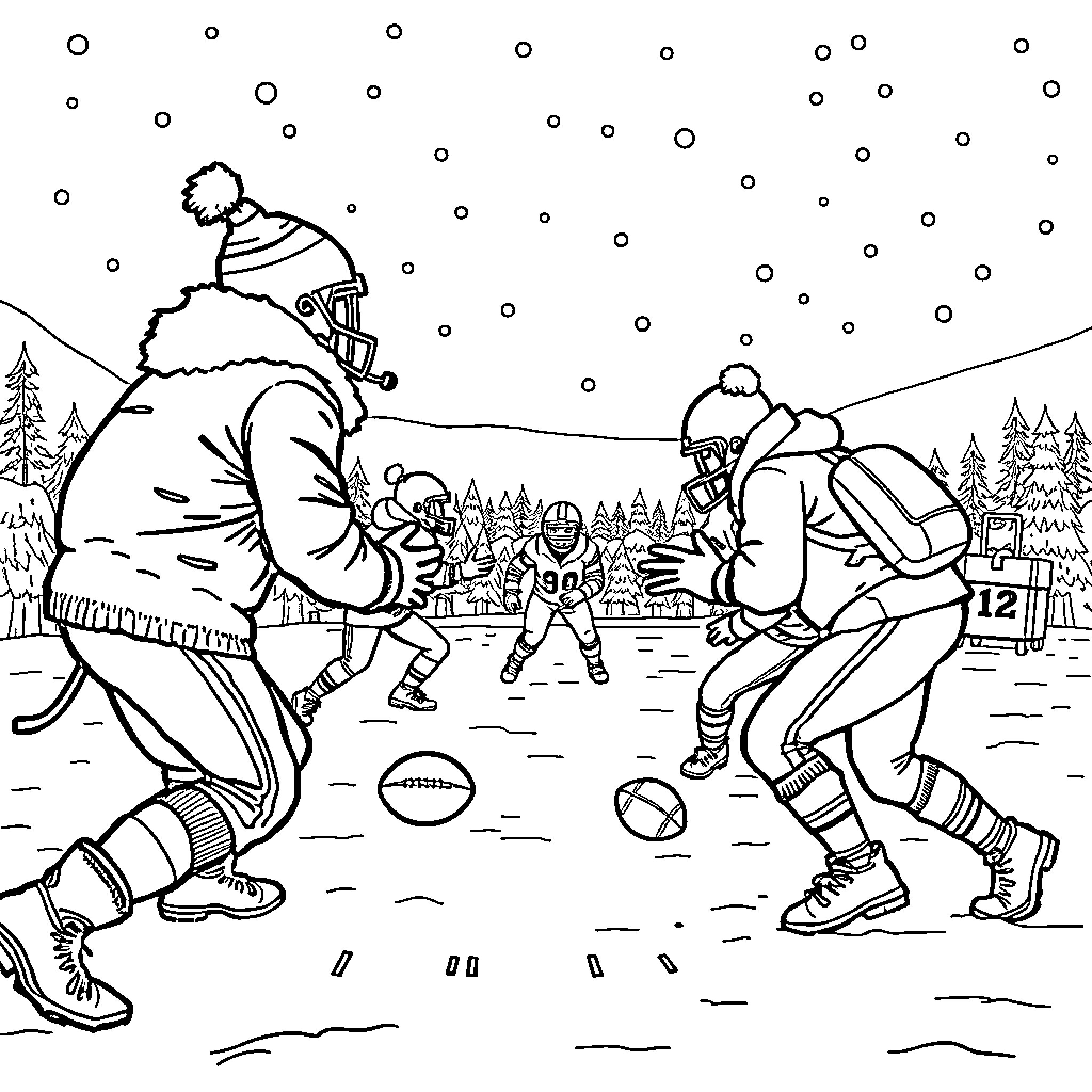 Football players in winter sports scene Coloring Page (free black-and-white line drawing printable PDF for all, from beginners to advanced learners, including children, teens, adults, and seniors)