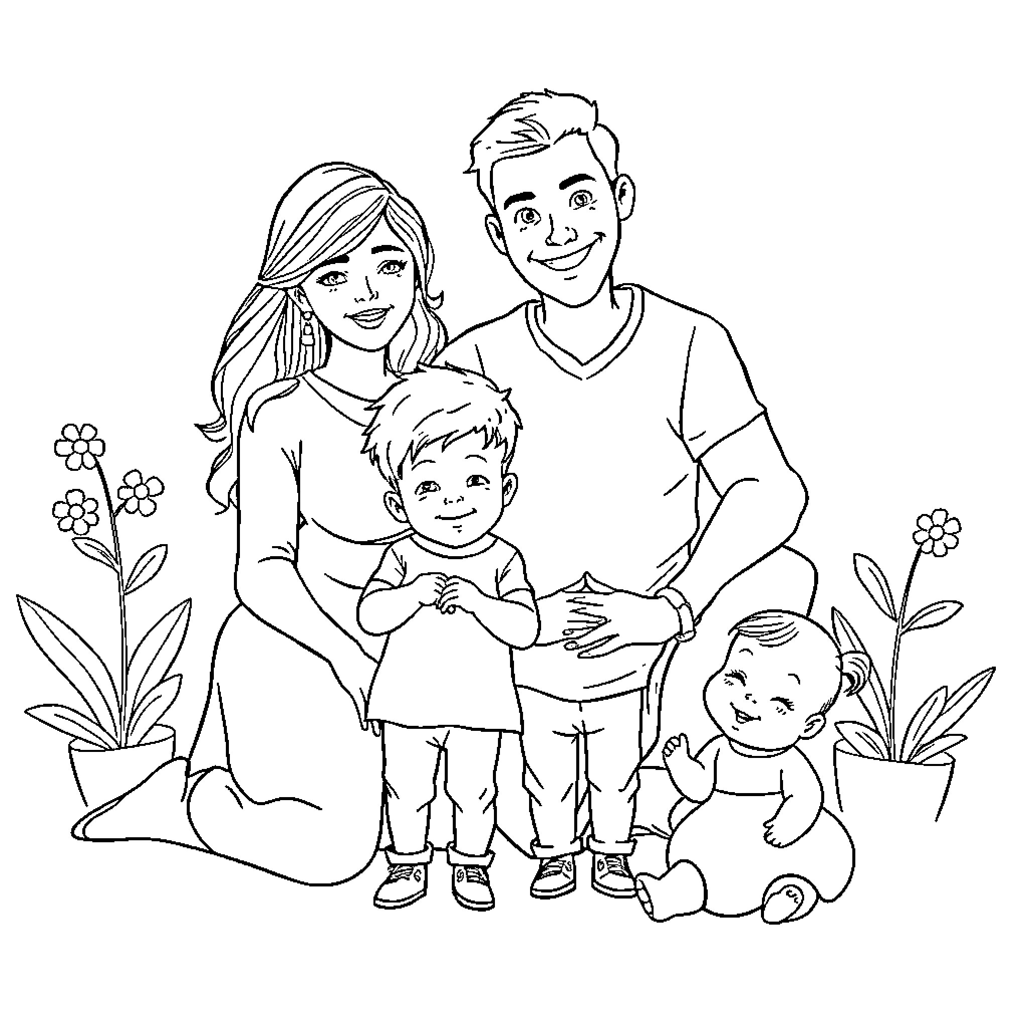 Familia's Joyful Family Moment Coloring Page (free black-and-white line drawing printable PDF for all, from beginners to advanced learners, including children, teens, adults, and seniors)